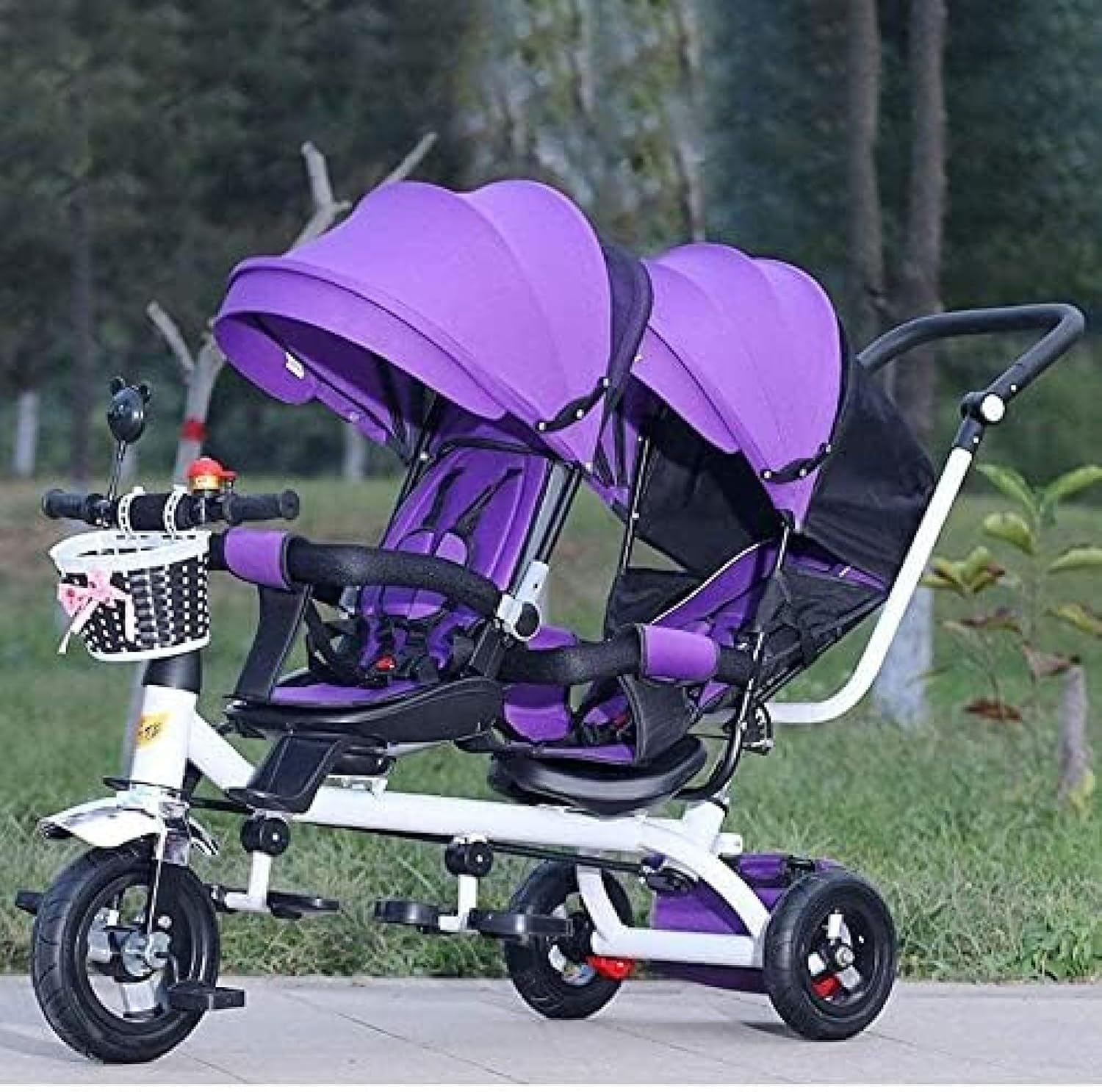 Kids Four in One Double Tricycle, Bike, Two Seater Pedals, Parasol Stroller, Two Way Swivel Seat/Removable Back Strap/Retractable Pedals, Purple, A