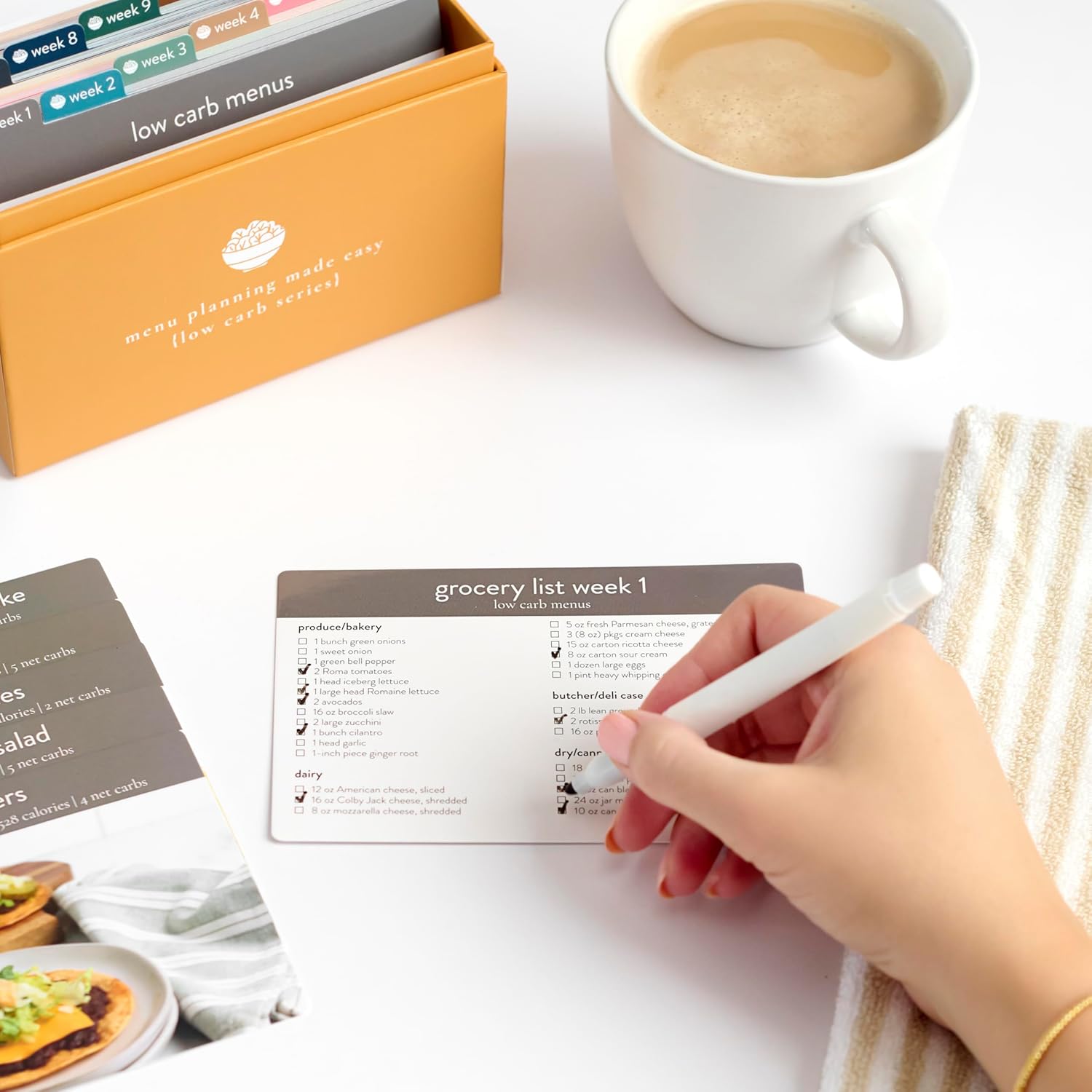PPP Meal Planner 72 Recipe Cards (Low Carb Menu - Photo Edition) - Weekly Menu Planner | Sturdy Recipe Box | 12 Reusable Grocery Lists | 5 Blank Recipe Cards | Recipe Card Protector | Recipe Ideas