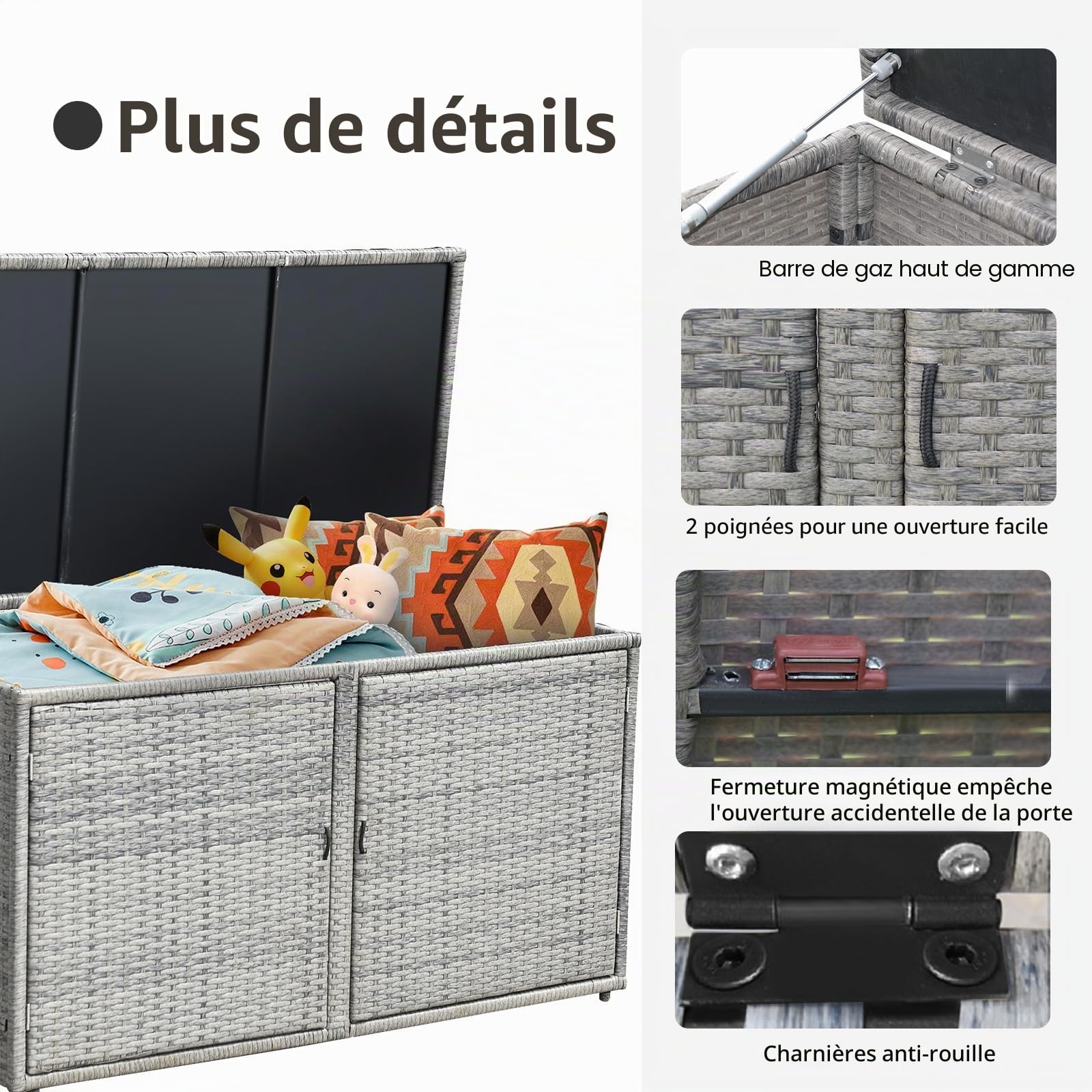 KOMFOTTEU Coffre de Rangement en Rotin avec double Portes et Couvercle, Armoire de Jardin 2 Étages, 115 x 60 x 65 cm, gris