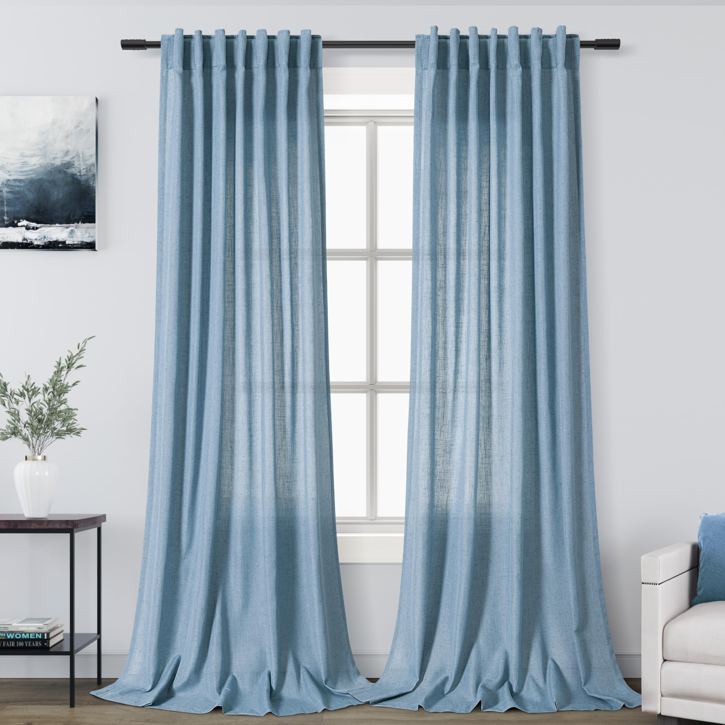 Linen Blue Curtains 108 inch Extra Long for Living Room Back Tab Light Filtering Semi Sheer Drapes Modern Farmhouse Coastal Decor Textured Curtain for Floor to Ceiling High Window 52x108