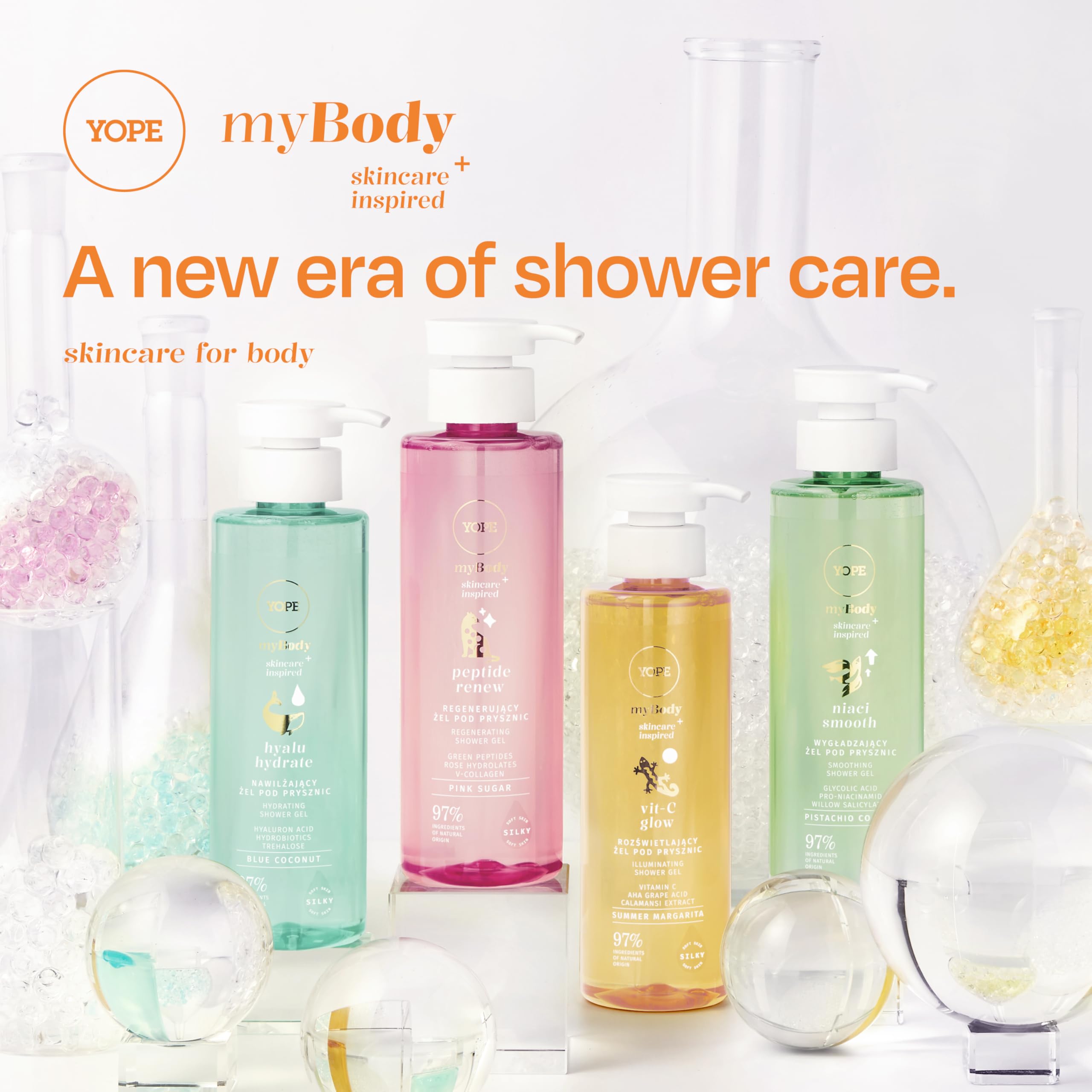 YOPE VIT‑C GLOW myBODY rozjaśniający żel pod prysznic, kwas hialuronowy, kalamansi, winogronowa AHA, sucha i zmarzona, skóra naturalna, wegańska, przyjazna dla środowiska, delikatna formuła, testowany