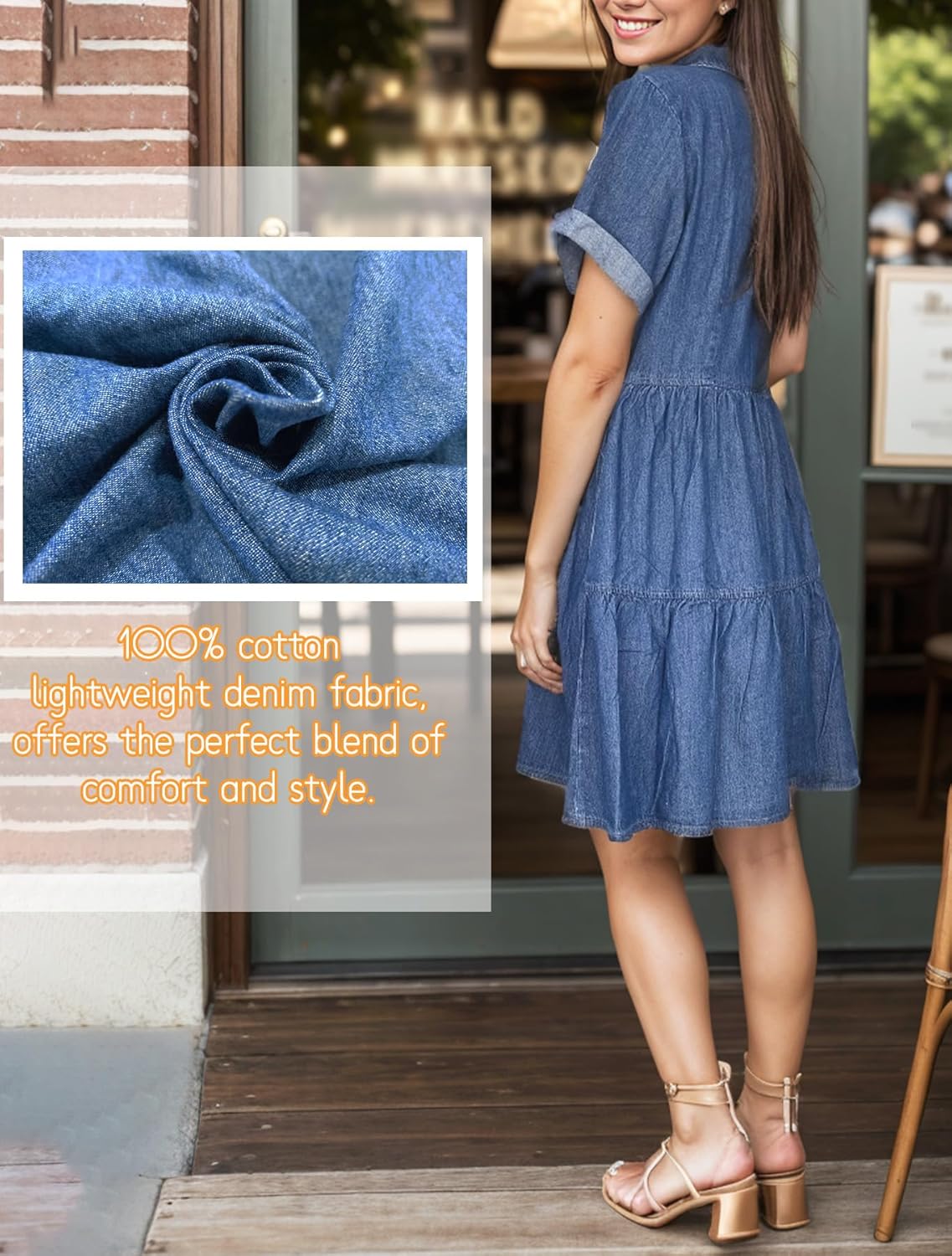 Denim Dress for Women Short Sleeve Button Down Jean Dresses Womens Casual Babydoll Denim Dresses with Pockets - Image 4