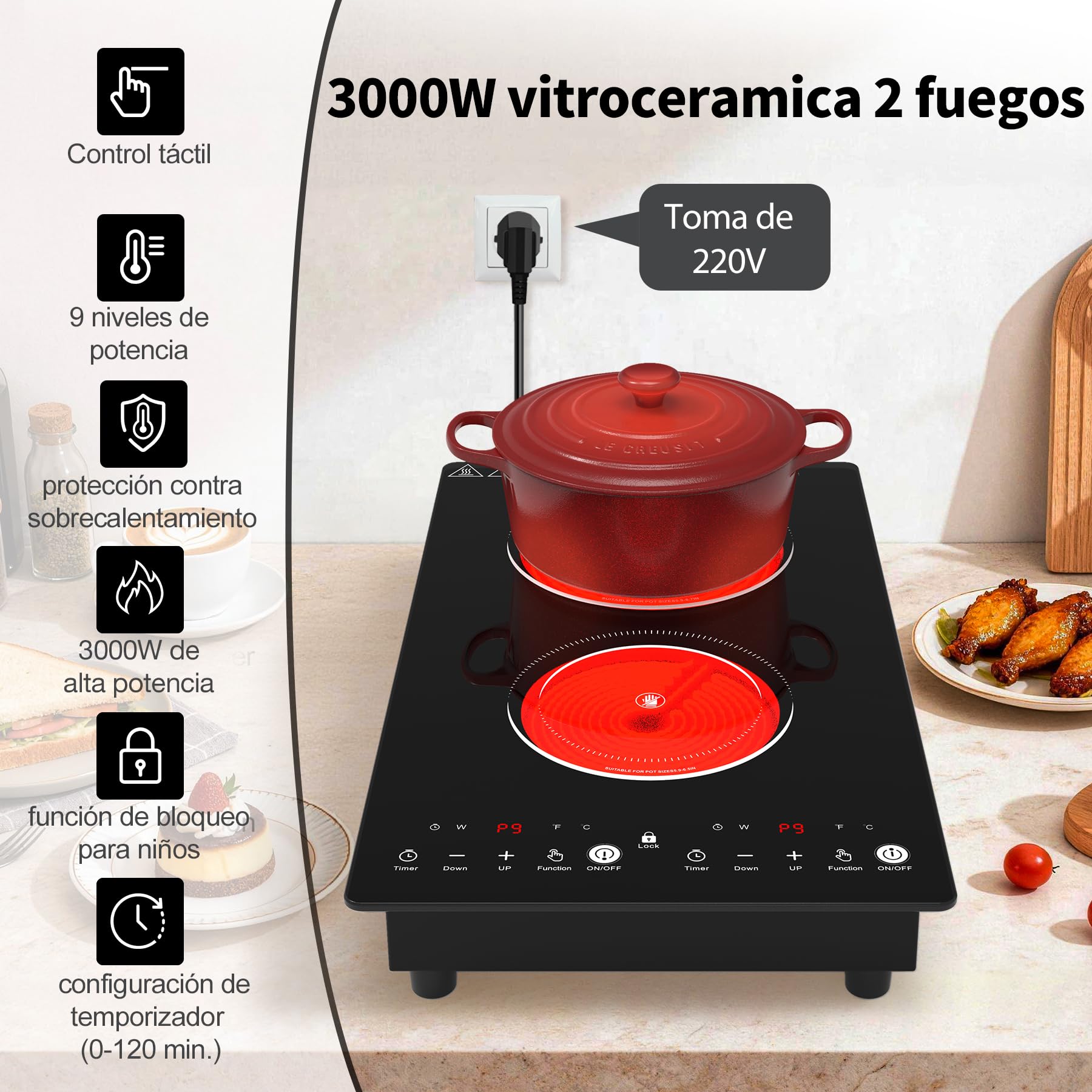 VBGK placa vitroceramica，220V 3000W placa de vitroceramica con control táctil LED, 9 niveles de potencia, bloqueo de seguridad infantil, temporizador de 2 horas.