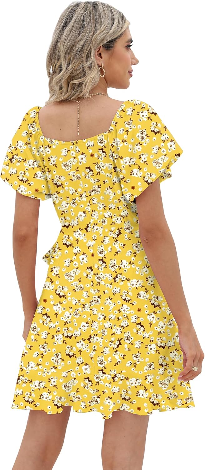 SAMPEEL Womens Summer Dresses Square Neck Puff Sleeve Tie Waist Short Dress - Image 4