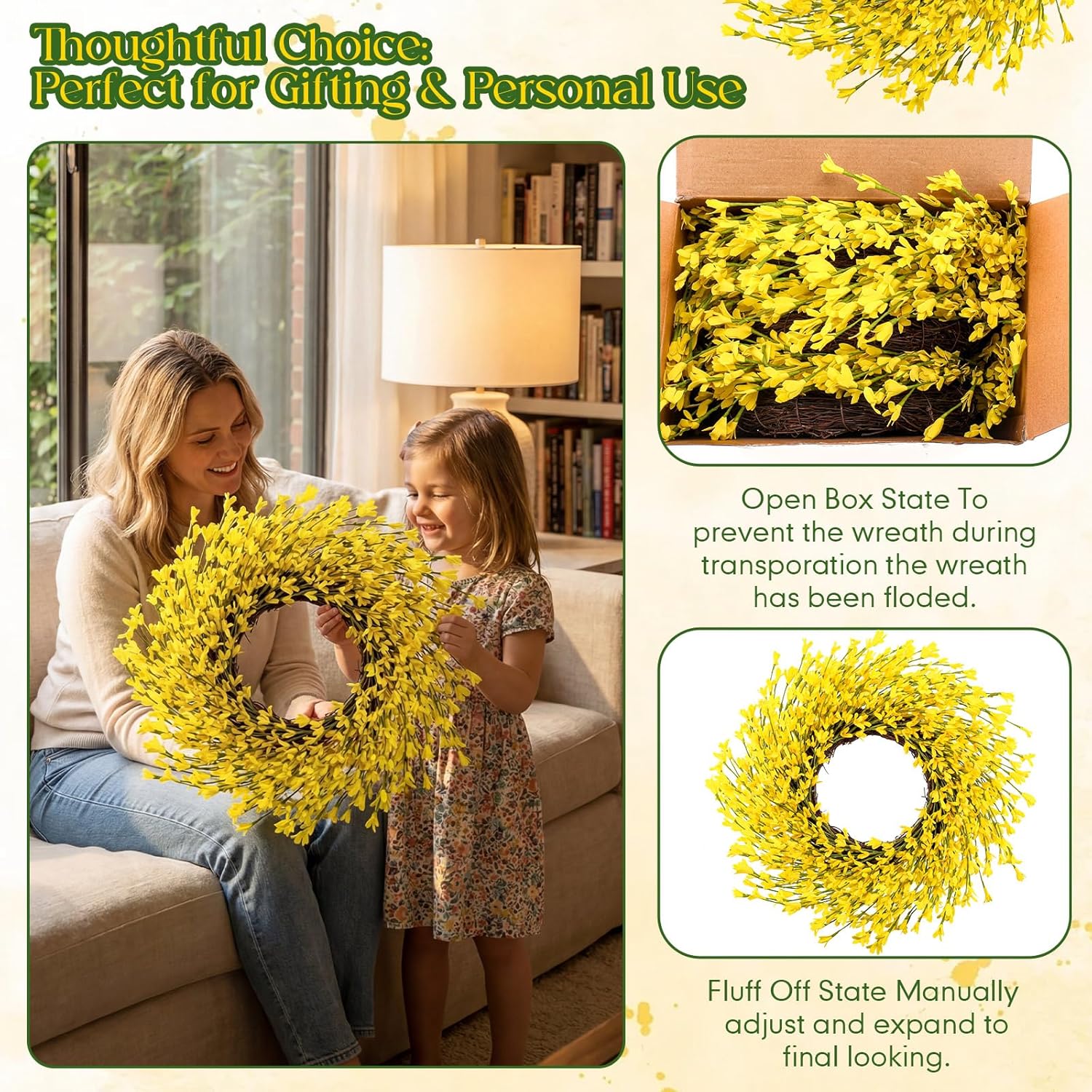 XunYee 4 Pcs 14 Inch Forsythia Wreath for Front Door Artificial Yellow Spring Summer Wreath Farmhouse Rustic Porch Decor for Easter, Wedding and Home Wall Decor
