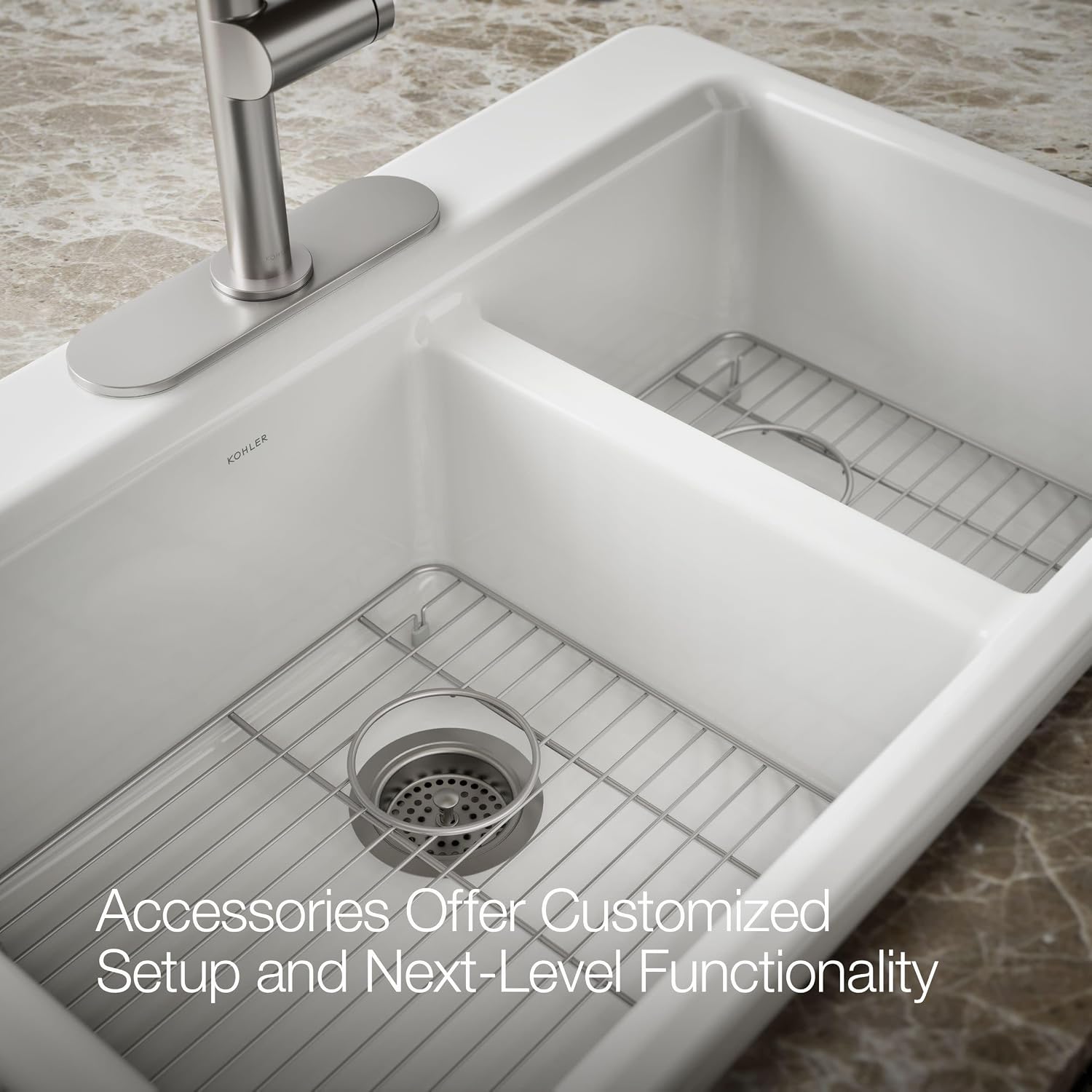 KOHLER Riverby® 33" Top Mount Kitchen Sink, Double-Bowl, 33x22 Drop In Kitchen Sinks, K-8669-3A1-0, White