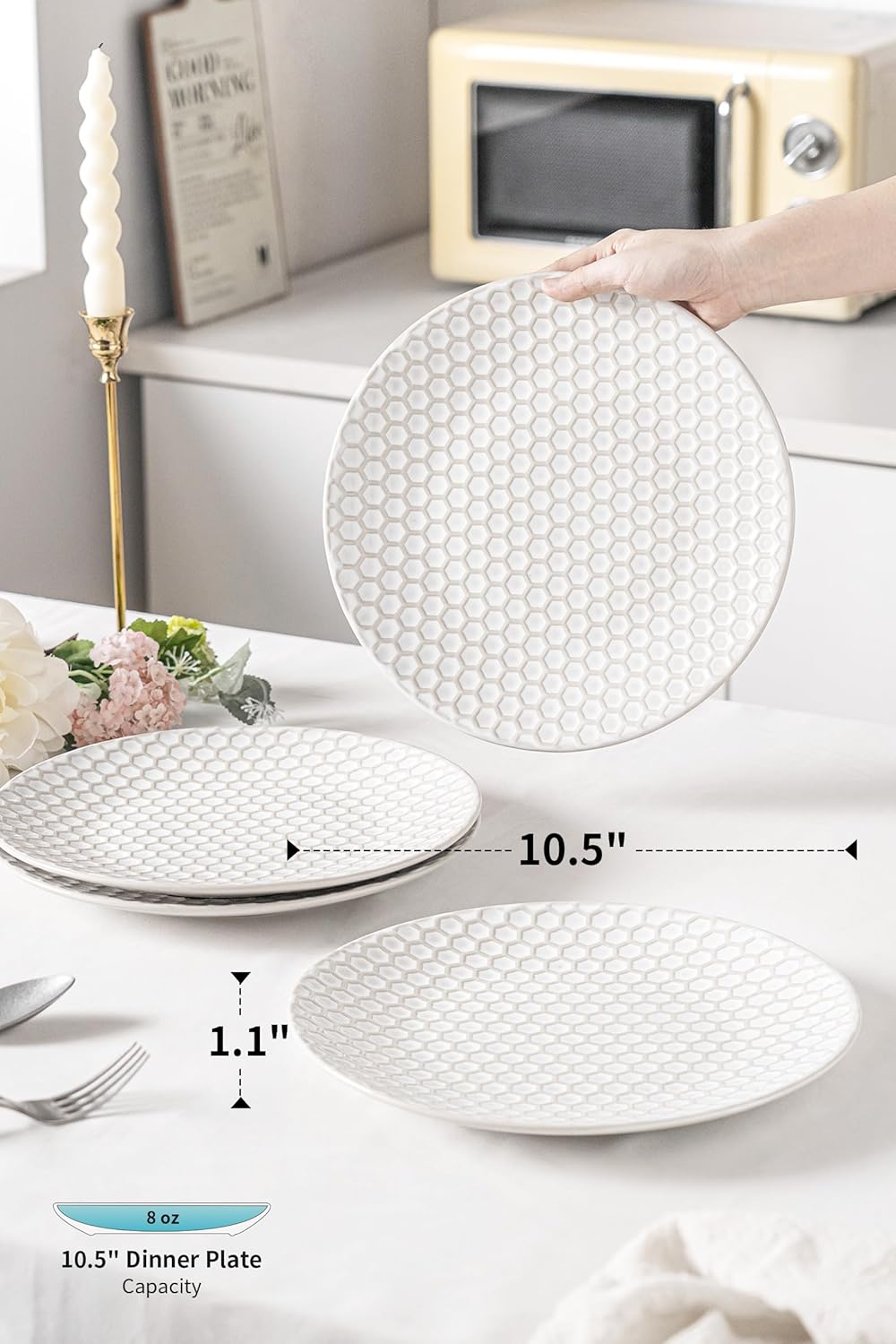 Ceramic Dinner Plates Set of 4,Lena Porcelain Dinner Plates,Embossment Round Ceramic Dishess,4 Piece Scratch Resistance Dishes,Dishware Safe Stoneware Kitchen Dishes,Wedding Gift