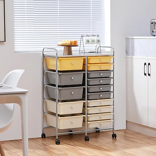 Miniatura 6 de Yaheetech Carrito de almacenamiento con ruedas de 15 cajones, multiusos, móvil, organizador de almacenamiento, herramientas, álbum de recortes,