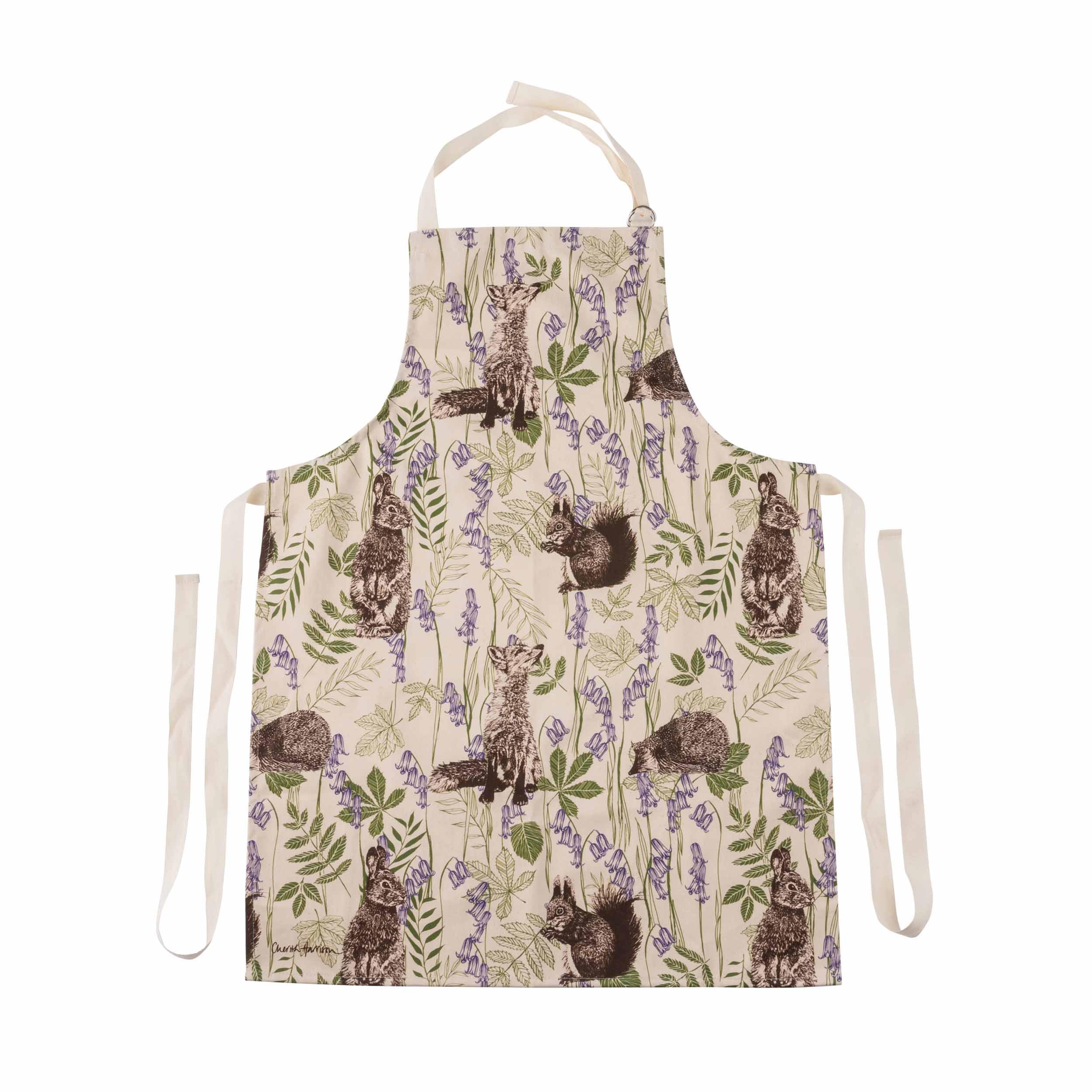 Unbleached Cotton Apron in Woodland Creatures Design, Handmade in UK, 60 x 85cm