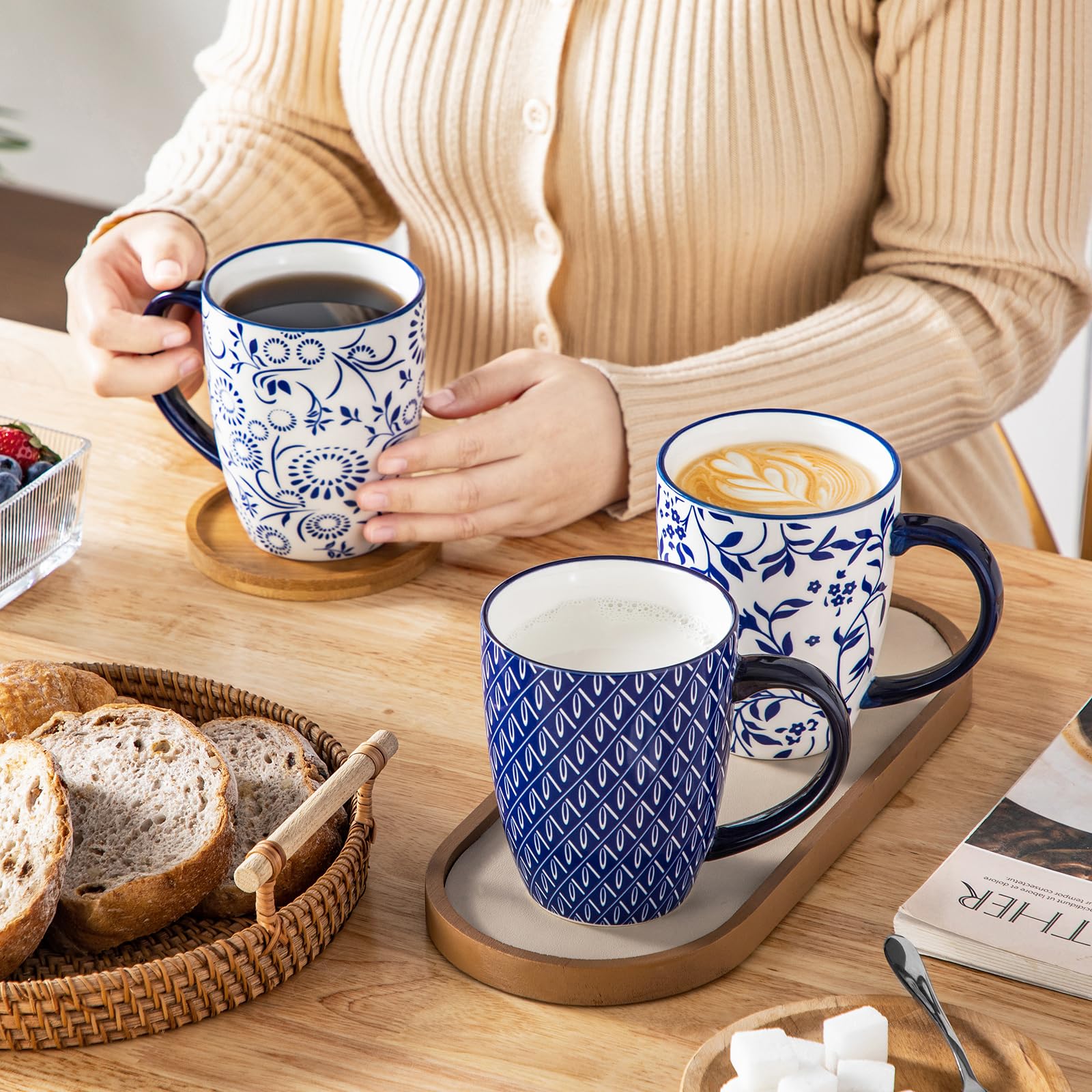 vancasso Kaffeetassen 6er Set, SELENE Porzellan Tassen, 480ml Kaffeebecher mit Henkel, Tasse für Kaffee, Milch, Tee & Kakao, Vintage Blau-weiß Sport & Freizeit