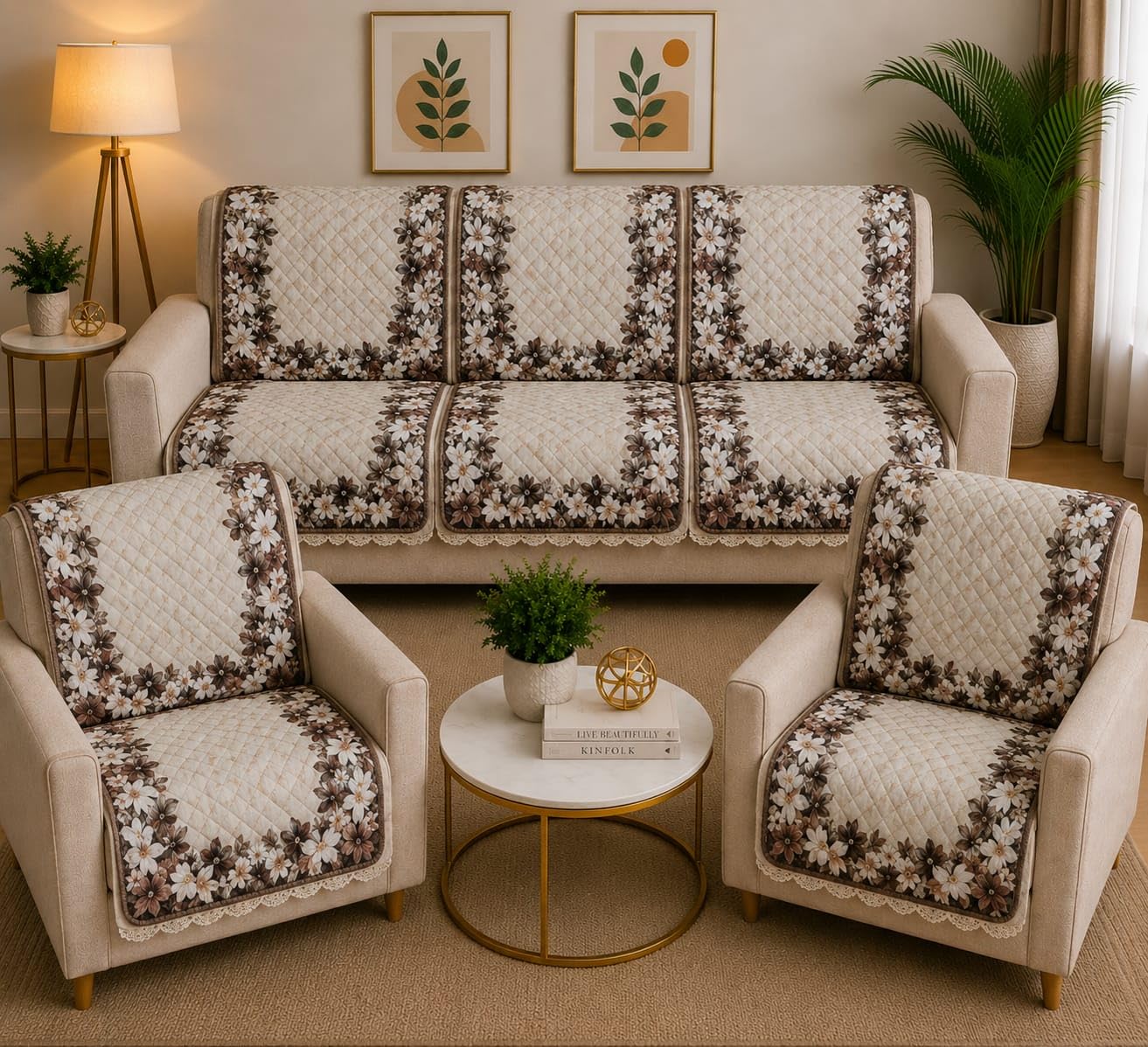 ONAVH Presents Quilted Sofa Cover Set 5 Seater for Living Room - 3 Seater & 1+1 Seater Sofa Slip Covers for Home Premium Furniture Protector Panels for Sofa Couch Office, 10 Pieces, Boder Light Brown-picture-10