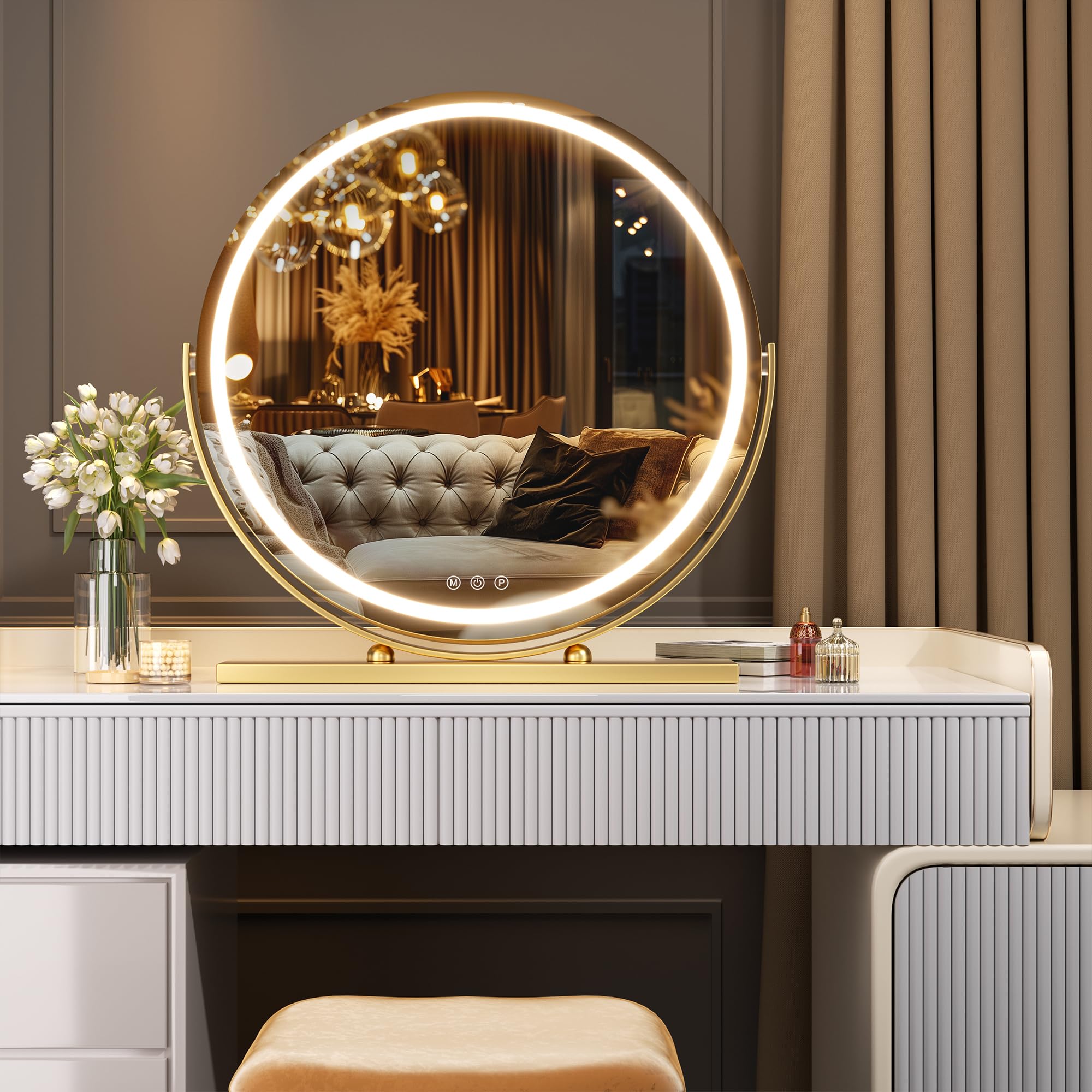 Hasipu Specchio cosmetico con luci, specchio per il trucco a LED da 23,6 pollici, specchio per il trucco illuminato con luci, controllo intelligente touch, specchio rotondo dimmerabile in 3 colori