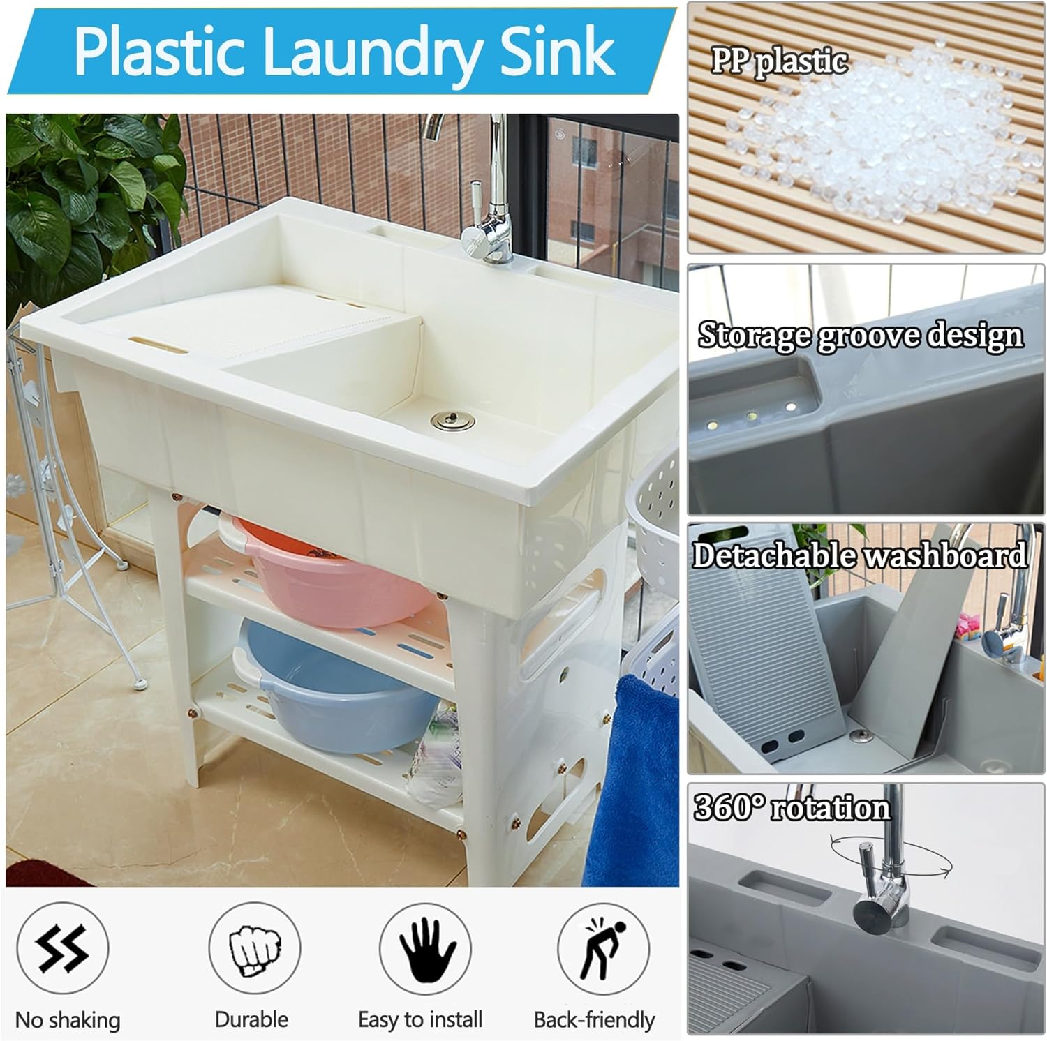 Plastic Laundry & Utility Tubs Sinks with Faucet,Freestanding Indoor Outdoor Sink with Removable Washboard,Drain Ki,Kitchen Sink Wash Basin,for Washing Room,Basement,Garage,Garden,Shop(Blue)