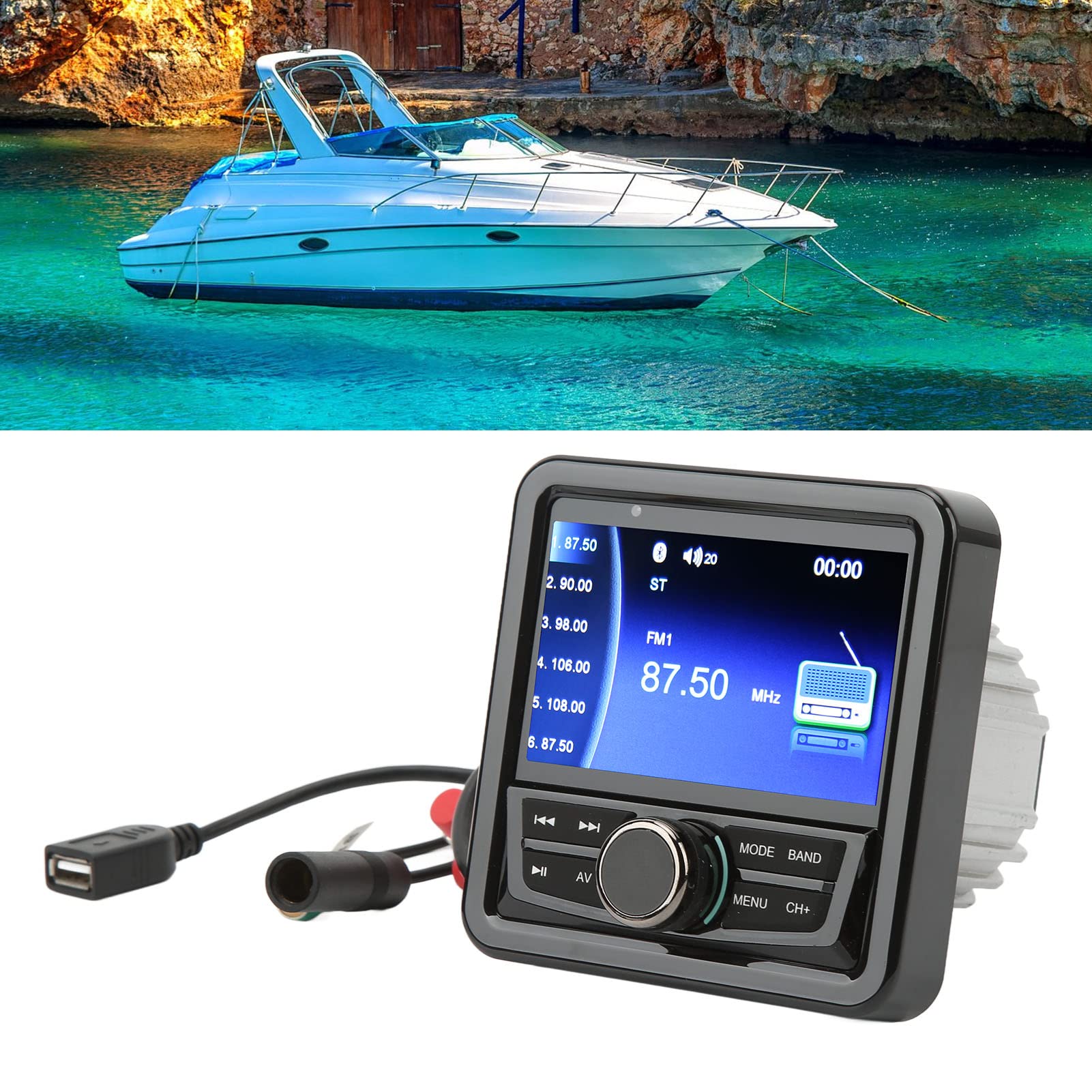 Estéreo Marino, Receptor de Radio para Barcos a Prueba de Agua, Pantalla Digital, Reproductor de Medios Estéreo para Barcos Marinos con MP3 MP5 USB AM FM AUX, Medidor de Radio Receptor, para Yates