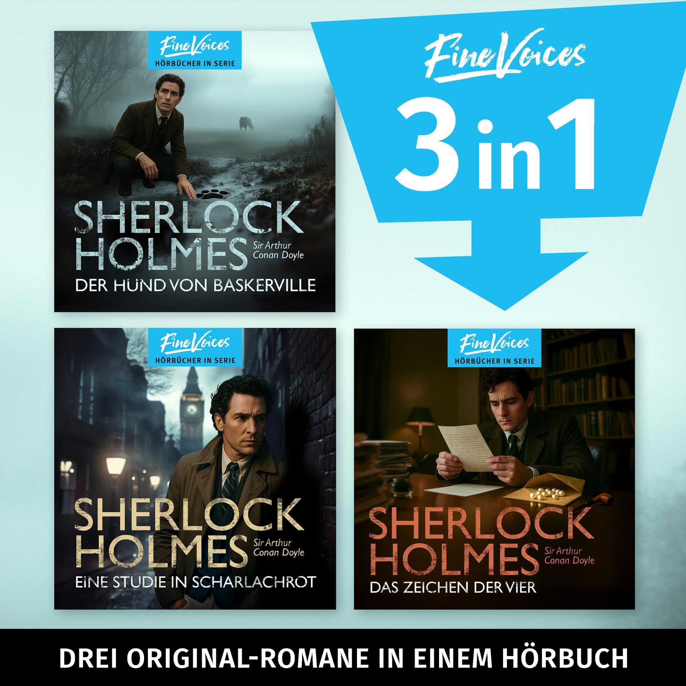 Cover art for Die große Sherlock Holmes Hörbuch-Box - Eine Studie in Scharlachrot, Das Zeichen der vier, Der Hund von Baskerville