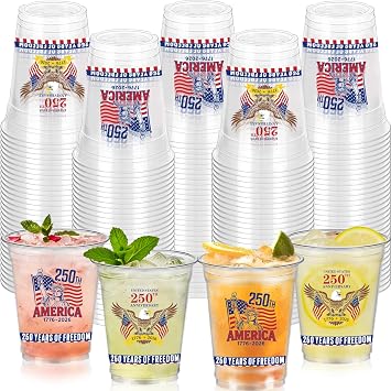 USA 250th Anniversary Plastic Cups 12oz 4th of July Disposable Clear Plastic Cups 1776-2026 Freedom Thick Clear Drinkware for Independence Day 4th of July Party Supplies