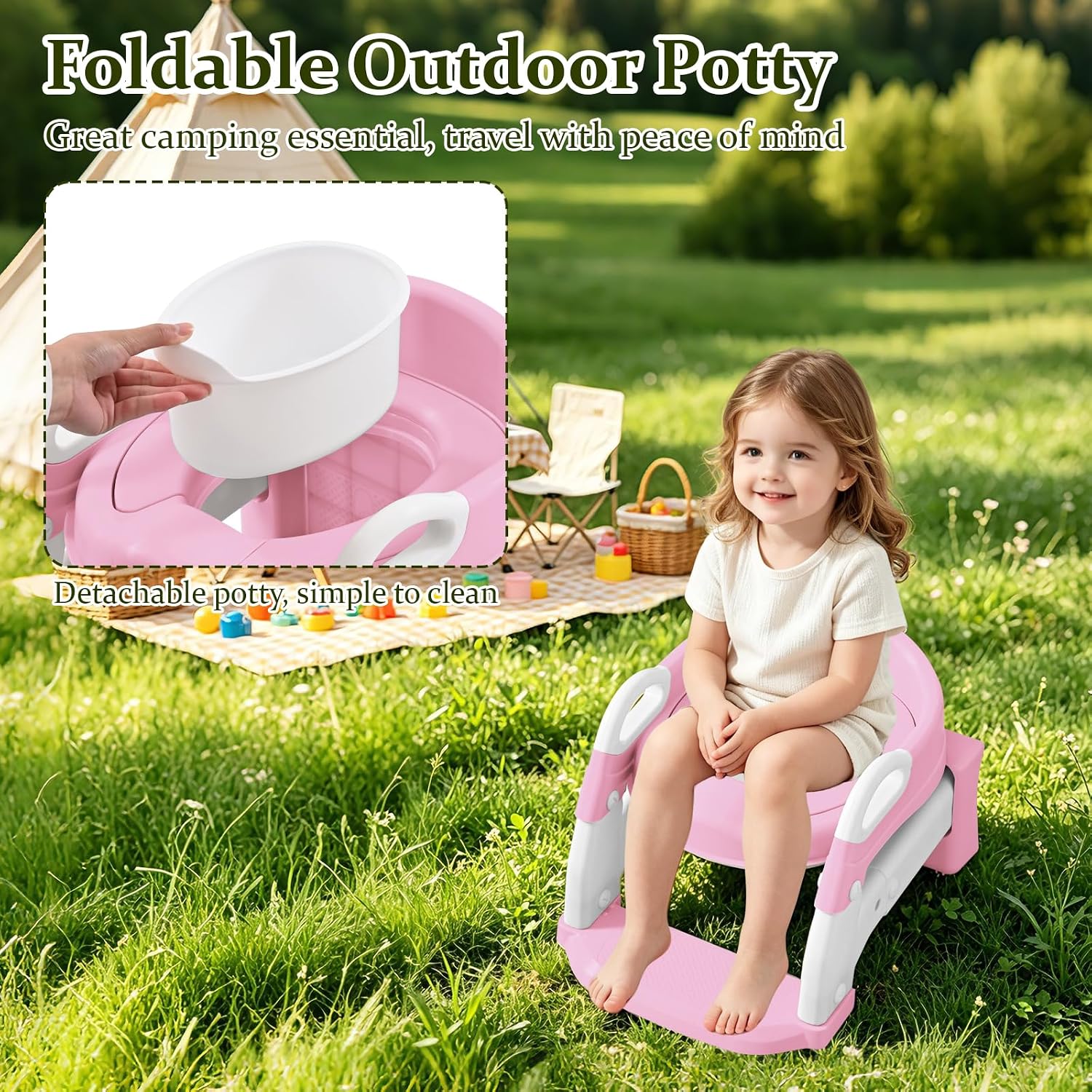 6-in-1 Foldable Kids Potty Ladder with Removable Bowl & Lid, Multi-Function Toilet Training Seat for Toddler, Use on Adult or Squat Toilet, as Step Stool, Little Bench, Travel & Emergency Potty(Pink)