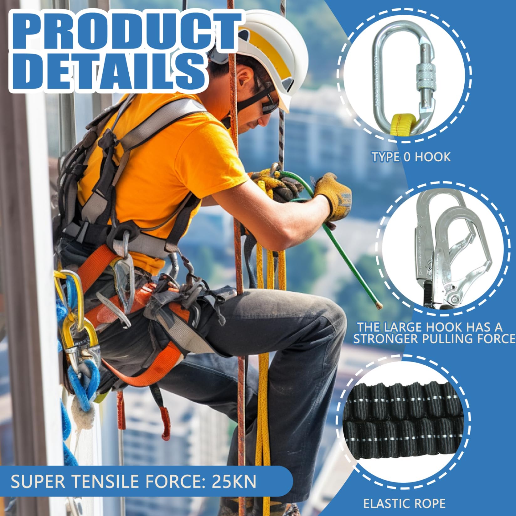 Longe de protection contre les chutes, longe de harnais sécurité élastique à double crochet 25 kn, harnais sécurité absorbant les chocs pour l'alpinisme en plein air, l'escalade, la toiture, le