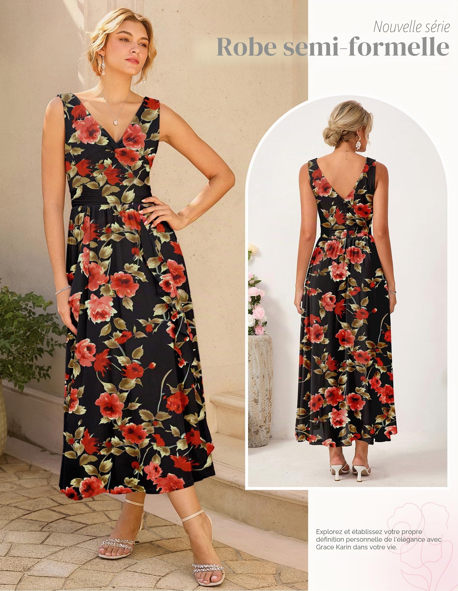 GRACE KARIN Robe d'été sans manches à col en V torsadé sur le devant pour femme - Taille smockée et ourlet à volants