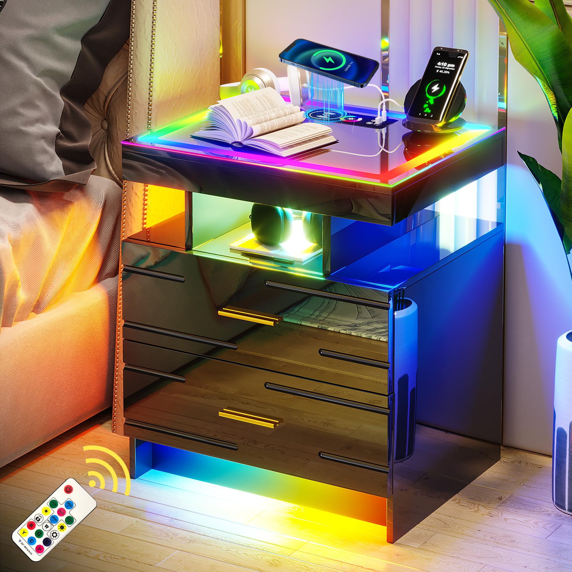 Nightstand with 24 Colorful Lighst, LED Night Stand with Wireless+USB+Type-C Charging Station, Smart Bedside Table with 2 Drawer,Remote,High Gloss Side Table for Bedroom -Black