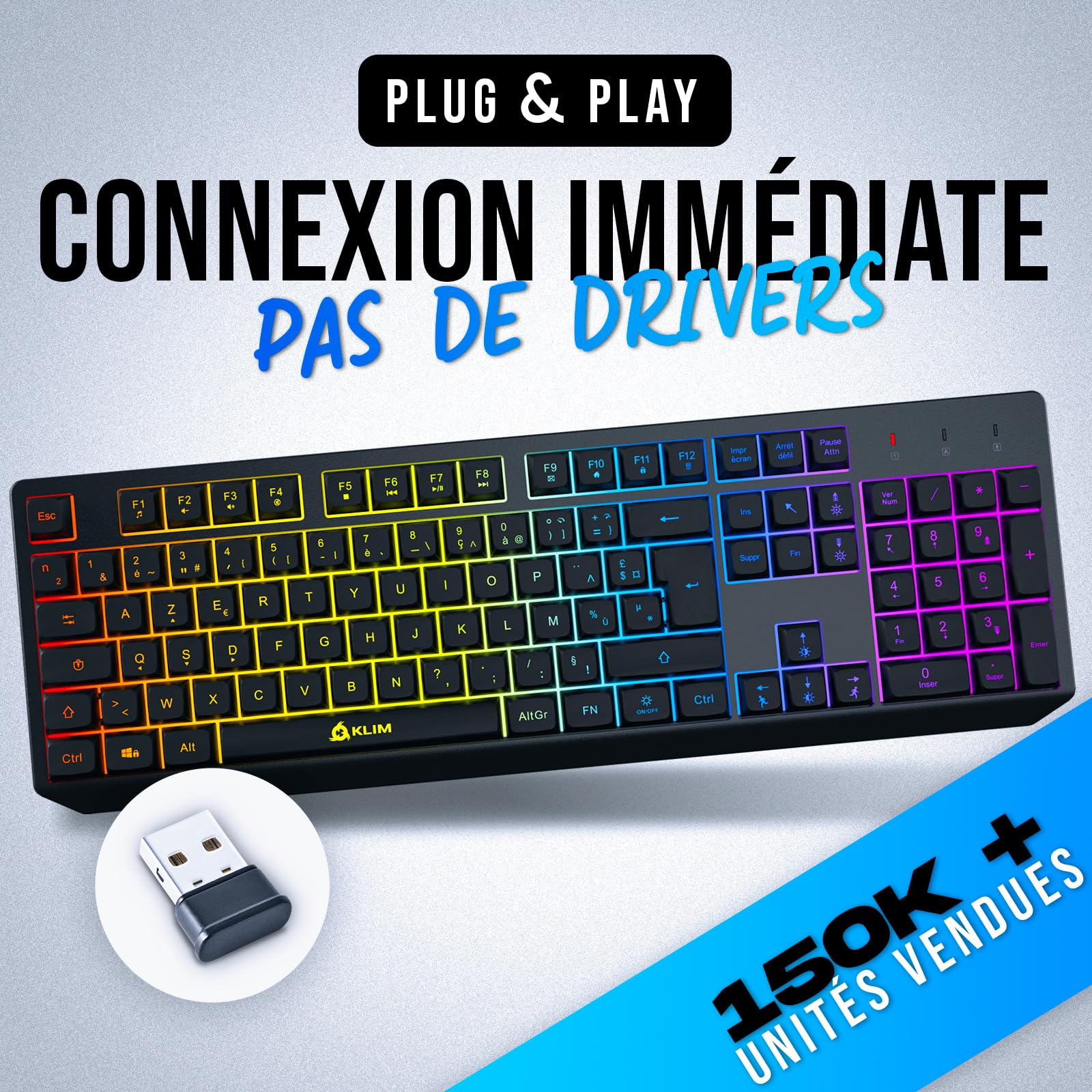 KLIM Chroma – Clavier sans Fil Gaming AZERTY FR, Rétroéclairage RGB, Silencieux & Ergonomique, Batterie Intégrée Longue Durée, Résistant aux Éclaboussures – USB 2,4 GHz pour PC/Mac/PS4/PS5 – Noir