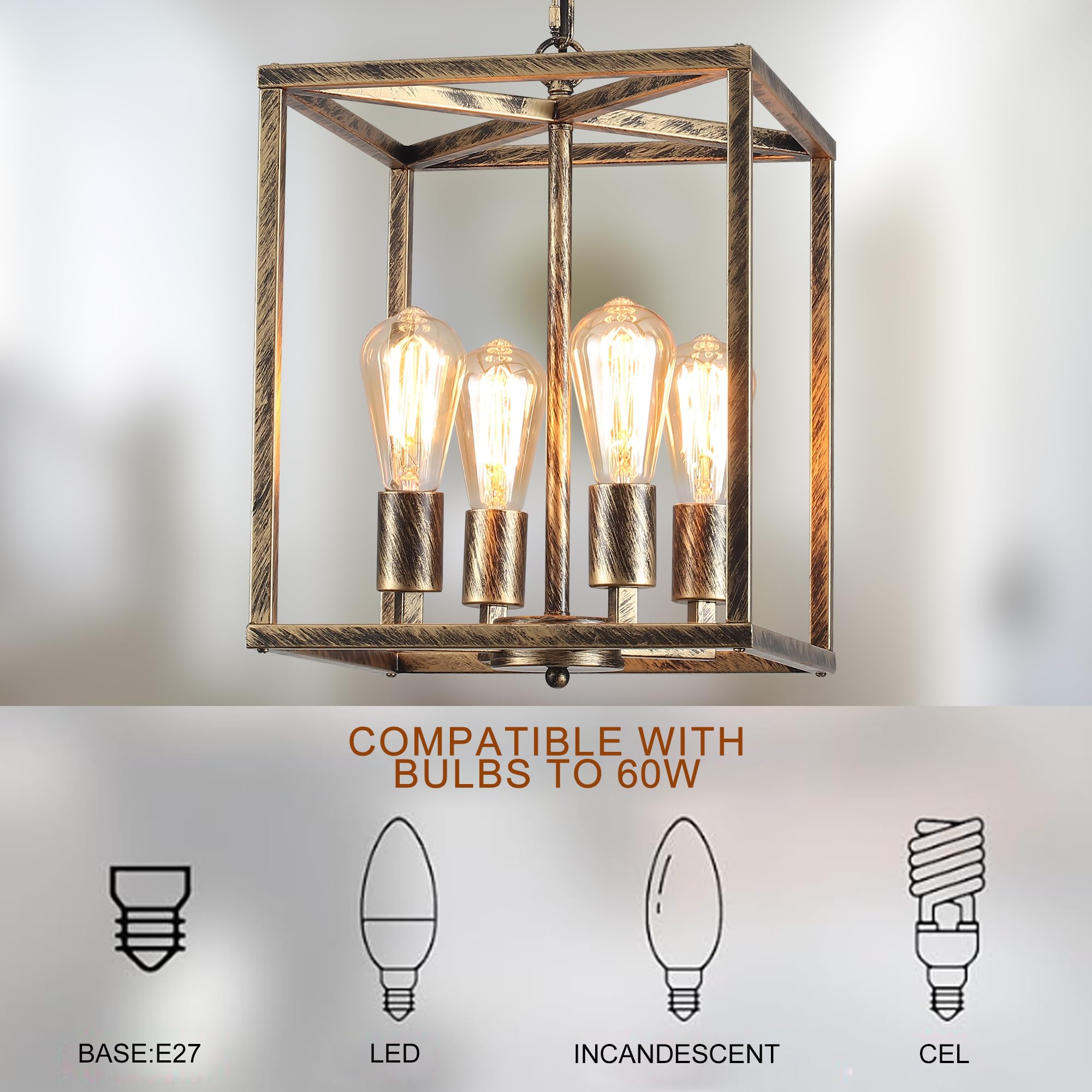 Qcyuui Lampadario Industrial a 4 Luci Lampadario A Sospensione Industriale In Metallo, Apparecchio Di Illuminazione a Sospensione Rustica Bronzo Per Fattoria Per Corridoio Isola Cucina Foyer