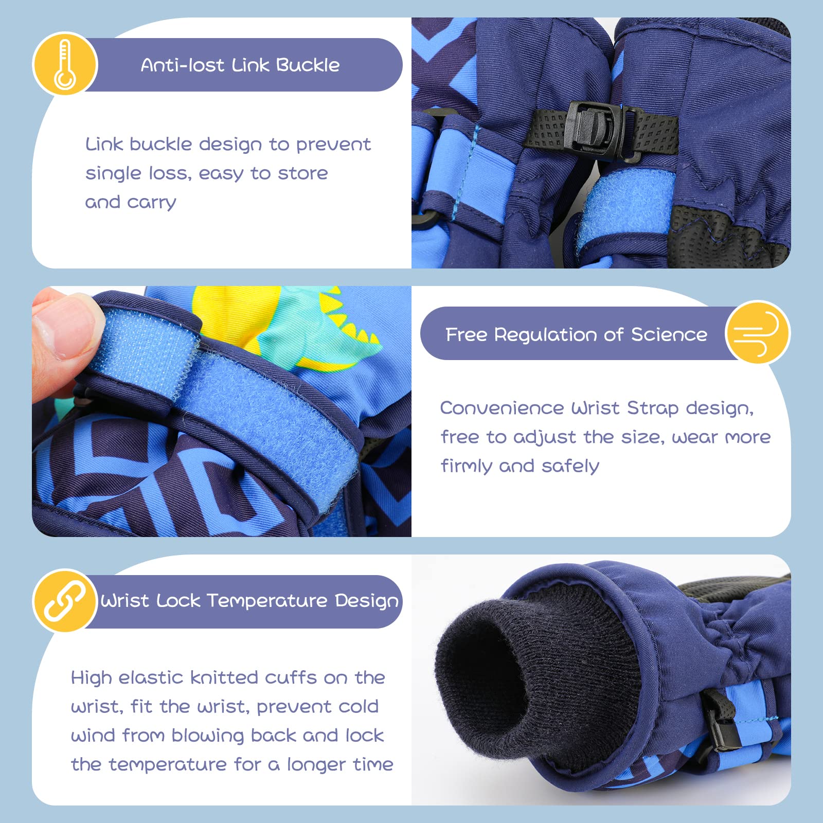 QKURT Guantes de Esquí Impermeables para Niños, Manoplas de Dinosaurio para Nieve y Snowboard 2-13 Años