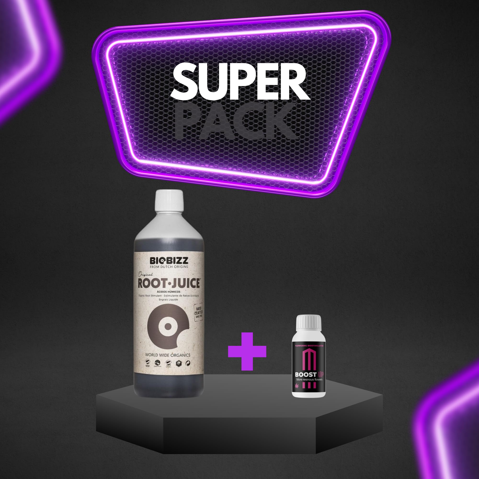 GROWMANIA Root Juice von BioBizz 1L + Probe Boost Up von Up Nutrients + Messbecher | Organischer Wurzelstimulator | Ideal für mittelgroße Gärten und Obstgärten