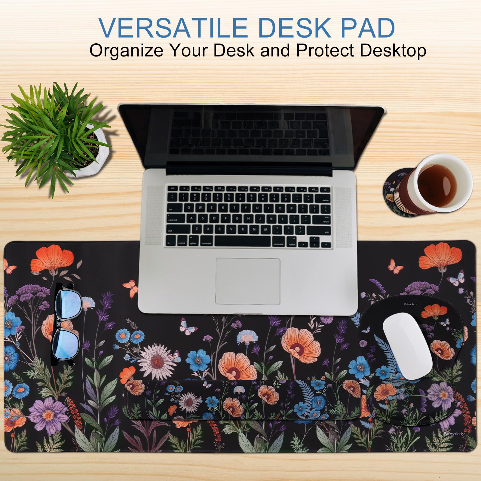 Petmolico Grand repose-poignet pour clavier 4 en 1 - Support de poignet pour ordinateur - Design ergonomique - Motif floral noir, orange et bleu