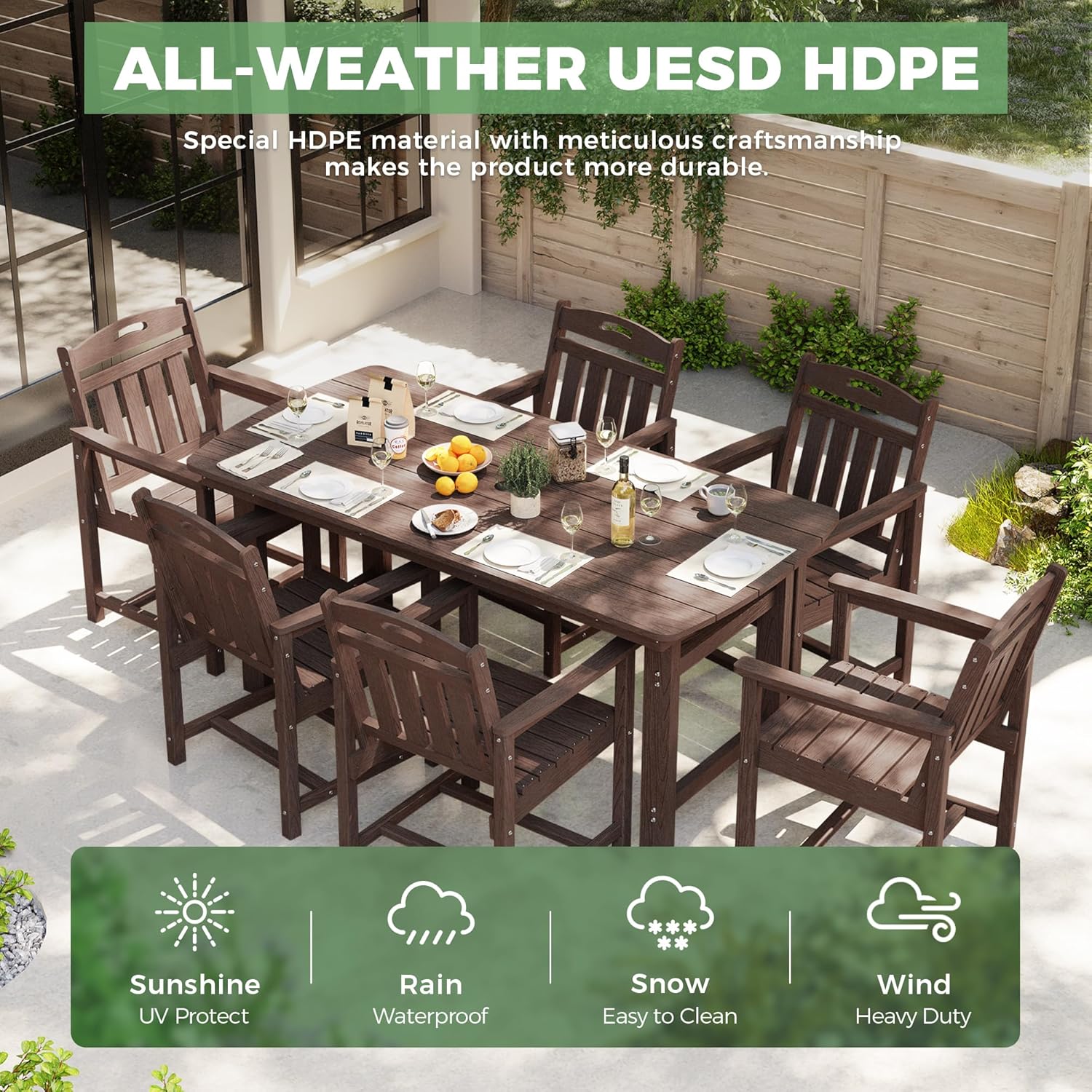 HDPE Outdoor Patio Dining Set with Table & 6 Chairs, All-Weather 7-Piece Outdoor Table and Chairs, 2" Umbrella Hole, Patio Furniture for Garden, Backyard, Deck | Brown