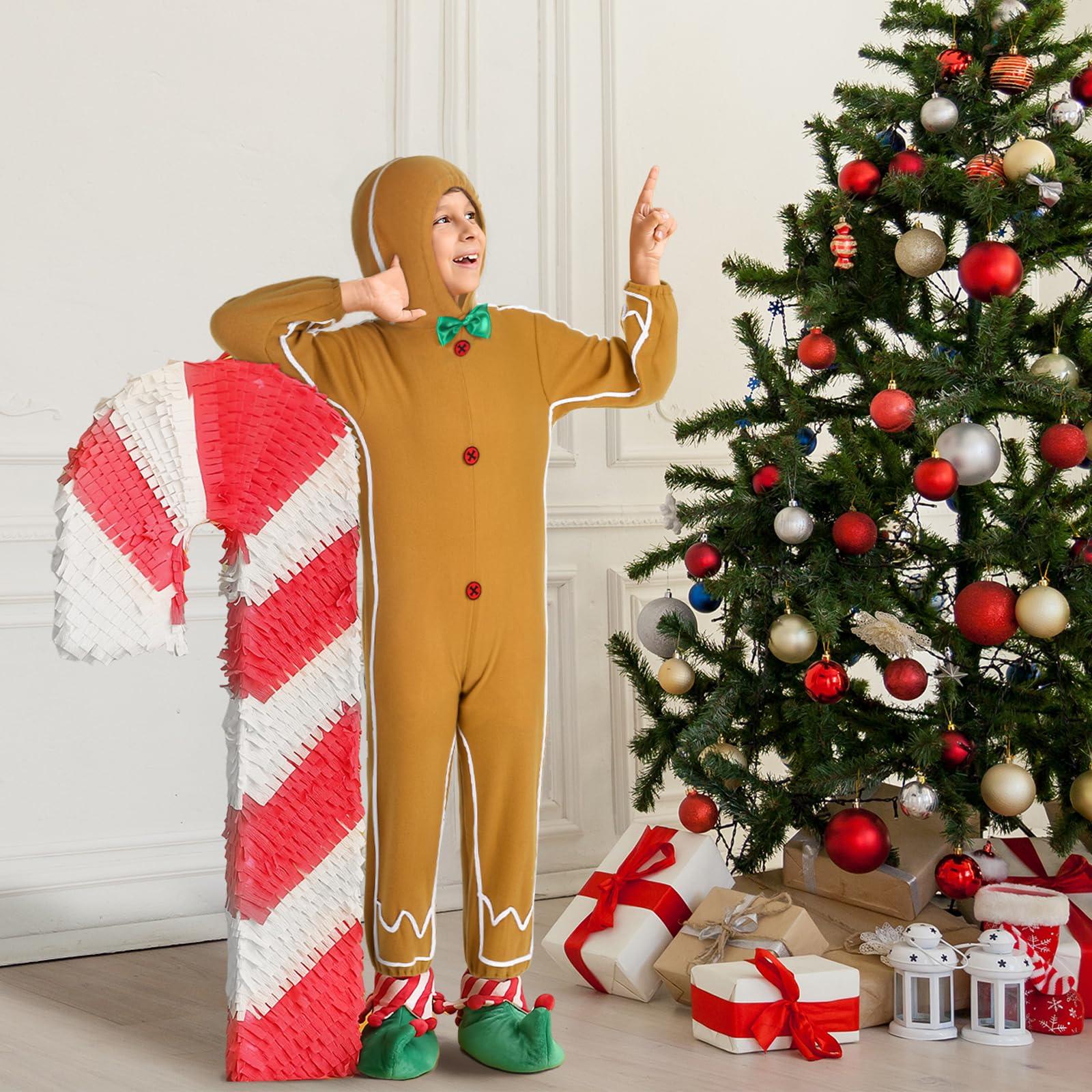 Disfraz de hombre de jengibre para niños, ropa para el hogar, traje de Navidad de pan de jengibre, body con capucha unisex (clásico, 5-6 años) 3
