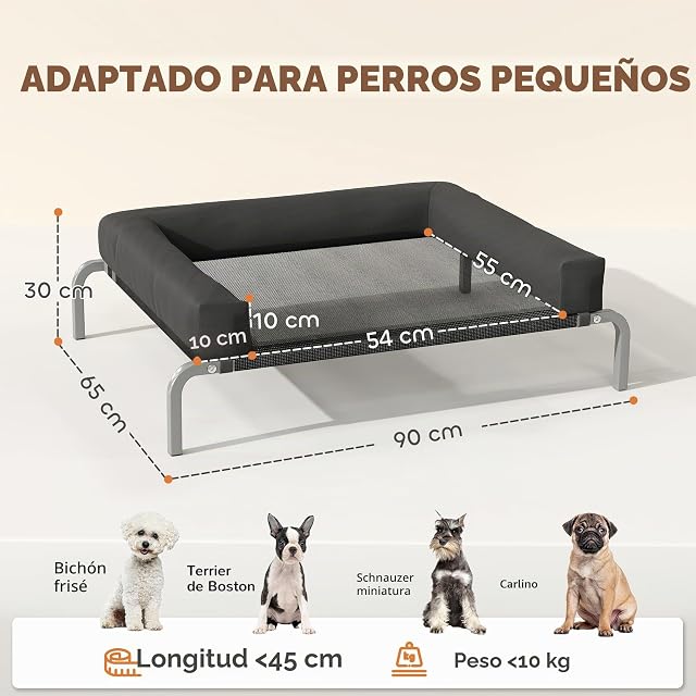 Foto 3 de 8 de PawHut Cama elevada para Perros con Cojines Removibles 90x65x30 cm Negro