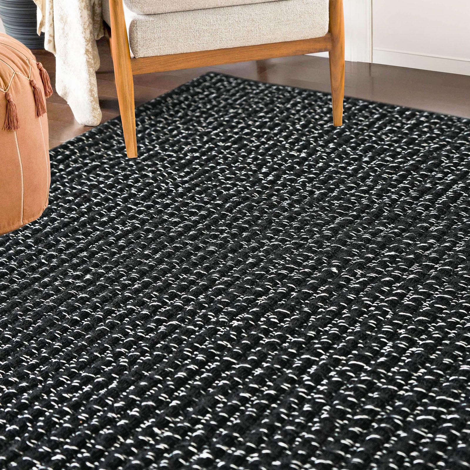 Alfombra trenzada de 2.6 x 8 pies, lavable, para pasillos, cocina, con respaldo de goma, de algodón, para entrada, interior, alfombra tejida para pasillo, cocina, dormitorio, color negro y blanco