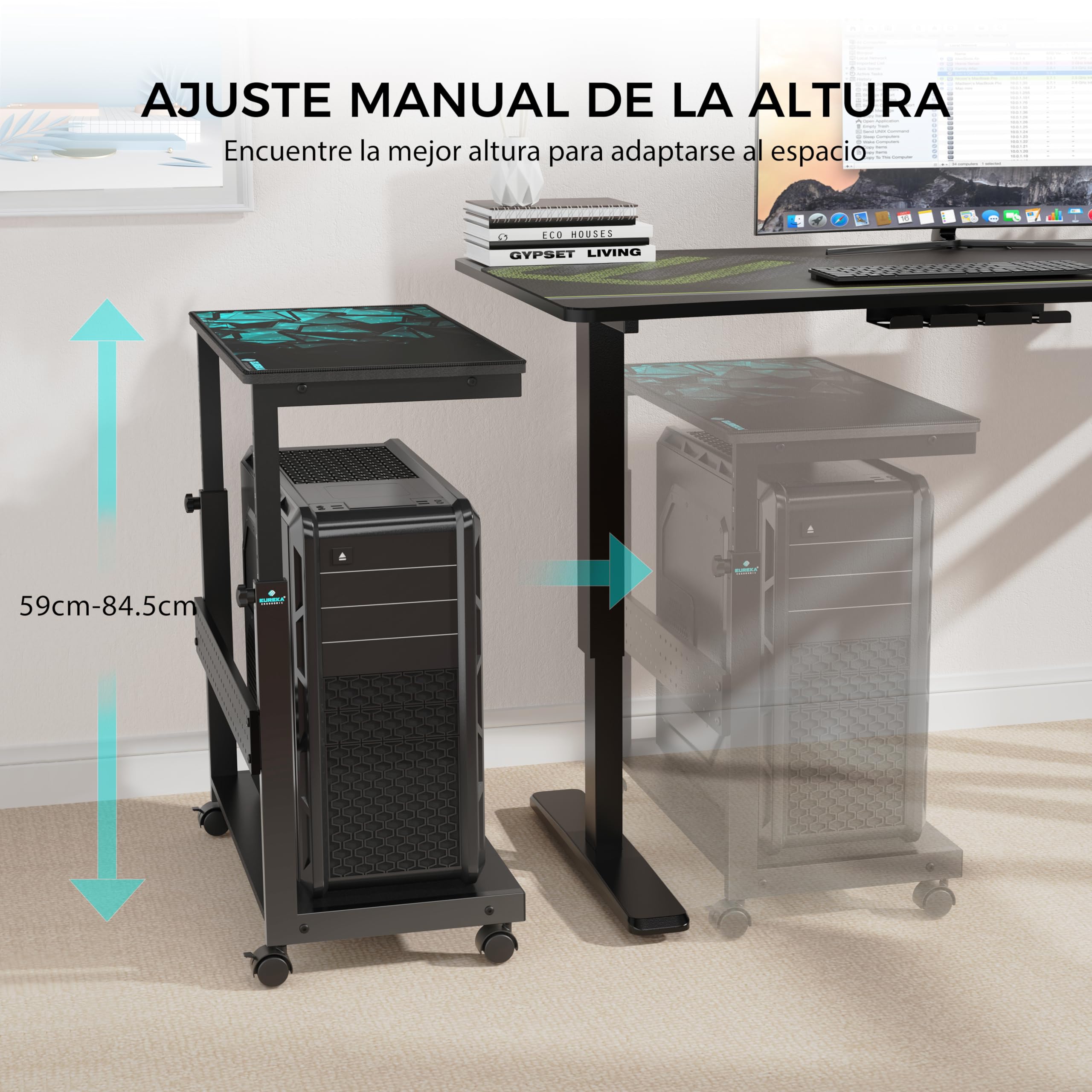 Eureka Ergonomic Soporte de Torre de Ordenador Regulable en Altura - Caja ATX - Soporte para PC - Bajo Escritorio - Impresora con Ruedas y Alfombrilla de ratón - Negro