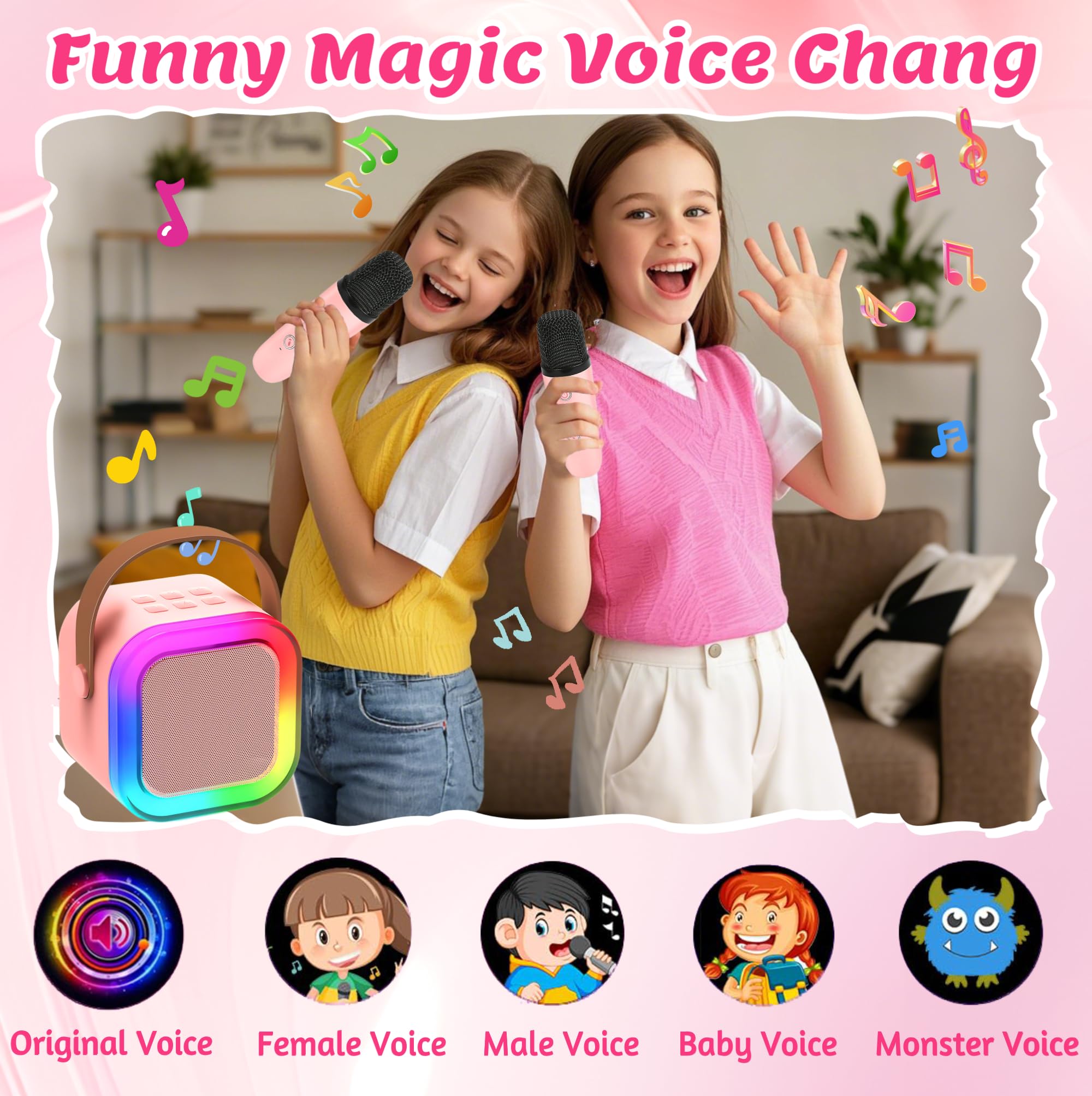 Chennyfun Karaoke Machine 2 mikrofony, Mini Karaoke Machine, przenośny głośnik Bluetooth z efektami zmiany głosu i światłami LED, najlepszy prezent urodzinowy dla dziewczynek i chłopców