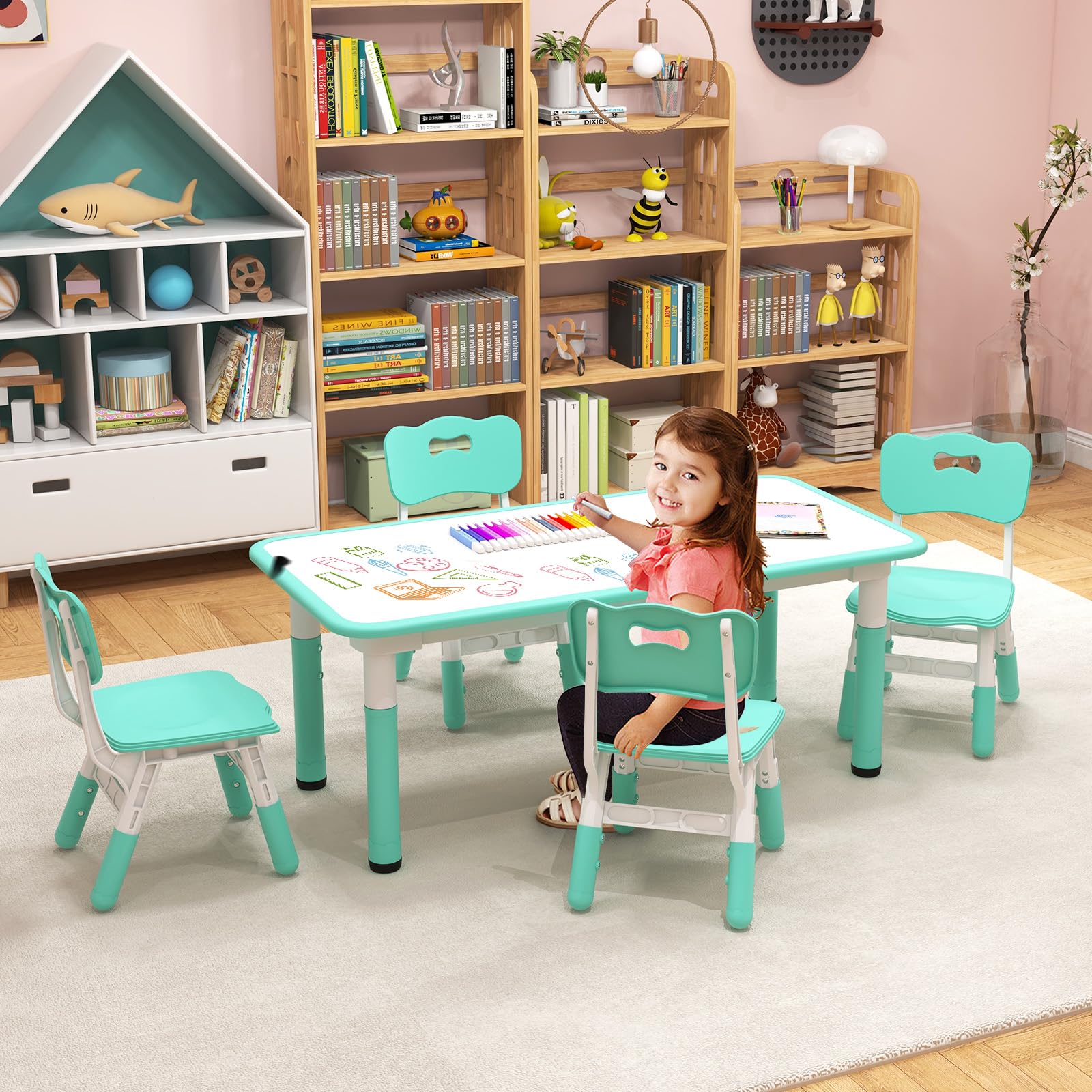 Costzon Kids Table and 4 Chair Set, Height Adjustable Toddler Desk and Chairs with Graffiti Desktop, Non-Slip Legs, Children Art Study Multi-Activity Table Set for Home, Daycare, School (Green)