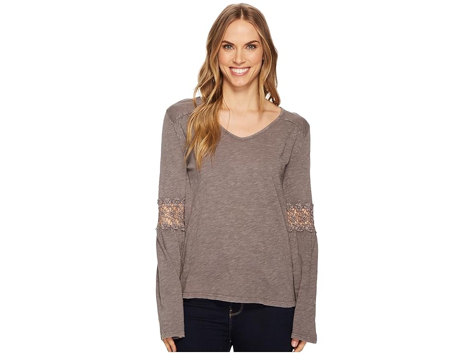 

Dylan by True Grit Heather Vintage Slub V-Neck Tee with Crochet Sleeve (Vintage Grey) Women's T Shirt