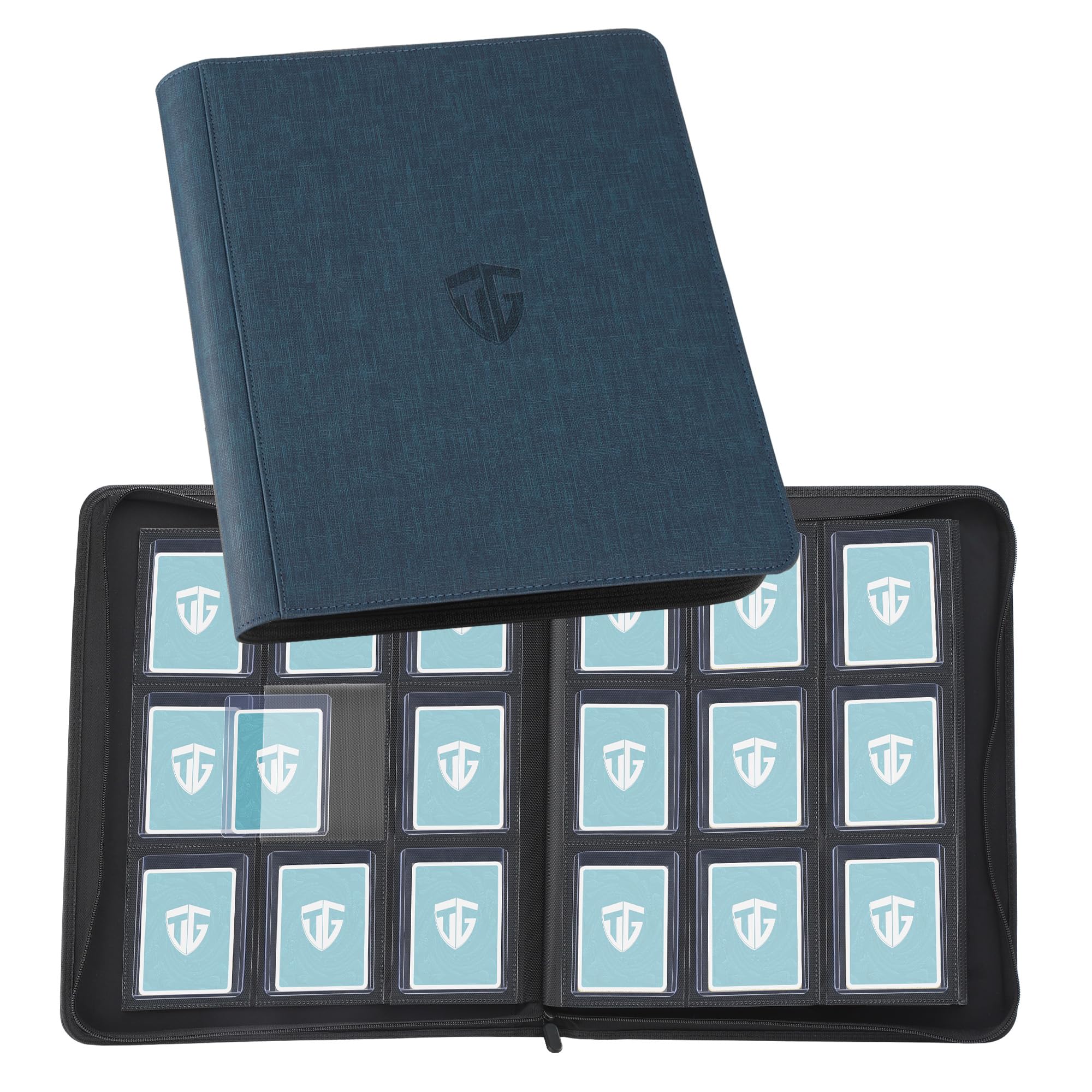 TCGUARD Toploader - Album di carte da collezione per 216 top loader, 9 scomparti con custodie per scheda Rigid Toploader da 3" x 4", per TCG, carte MTG, album di carte collezionabili (blu marino)