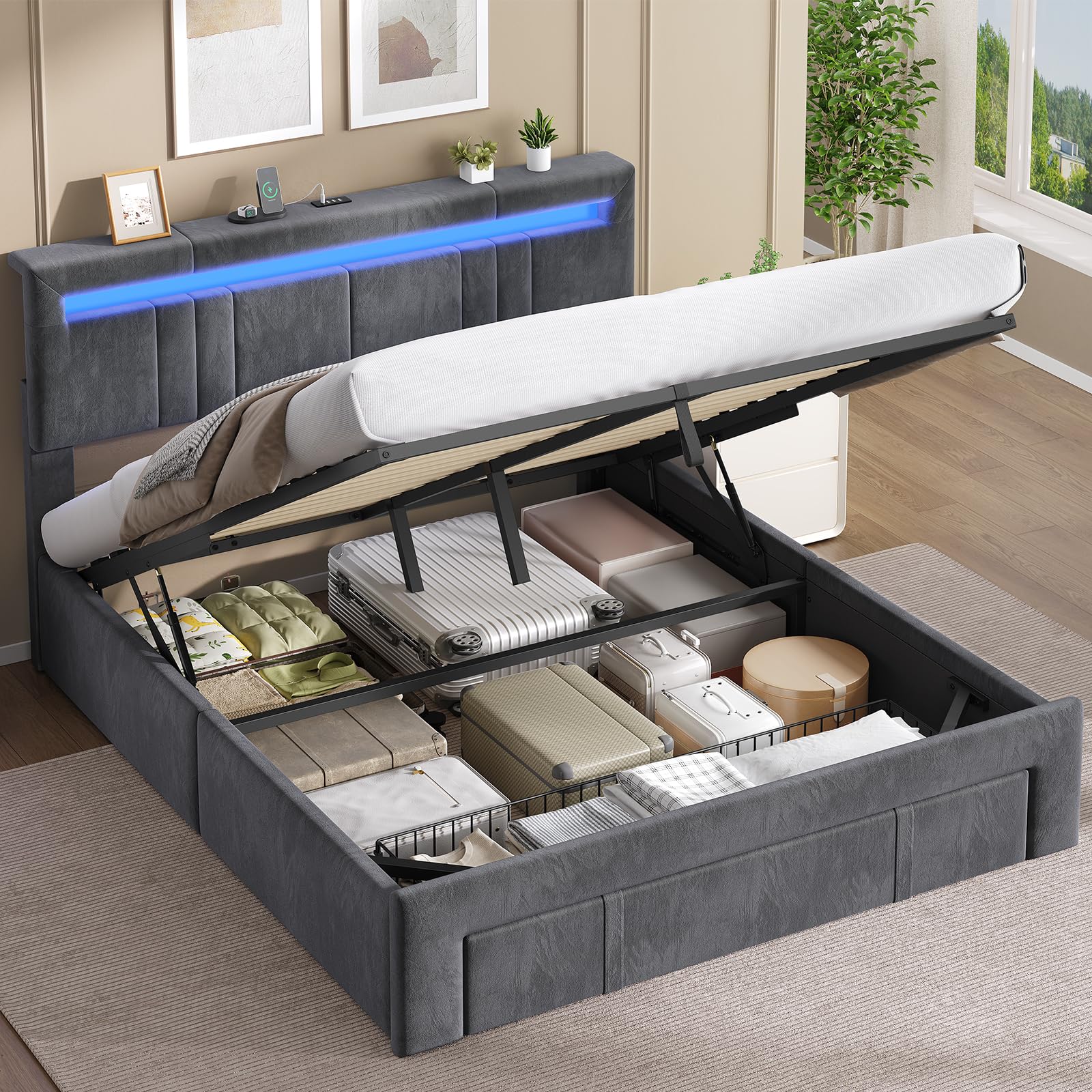 AGOLLATI Letto Matrimoniale con Contenitore 160x200 Letto Contenitore Matrimoniale Con LED Letto Contenitore Idraulico con Stazione Di Ricarica Struttura Letto Matrimoniale Con Testiera Regolabile