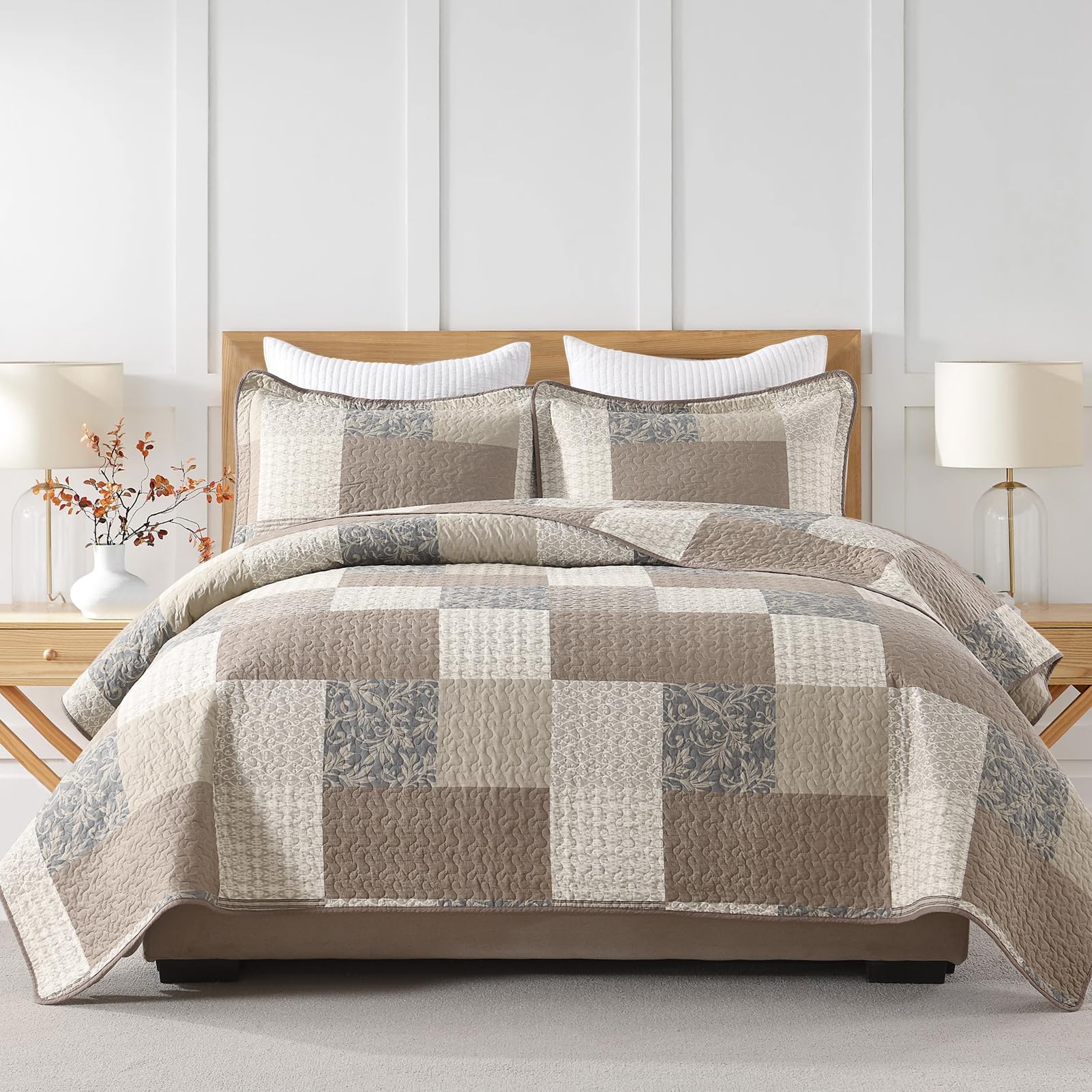 DUOHONG 100% Cotton Quilt Set Queen Size - Plaid Quilted Comforter, Patchwork Botanical Queen Quilt Bedspread, Modern Farmhouse Lightweight Bedding