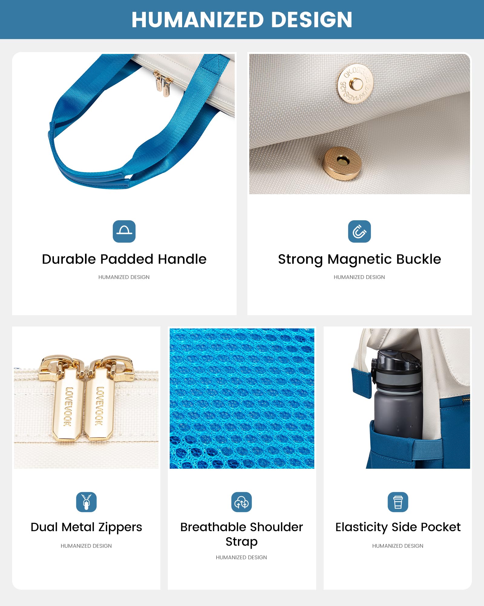 LOVEVOOK Zaino Blu, Zaino Scuola Ragazze con Scomparto per Laptop 15,6 Pollici, Zaino da Viaggio Impermeabile, Borsa da Lavoro per Insegnanti e Viaggi per Scuola Università Ufficio, Beige-Blu