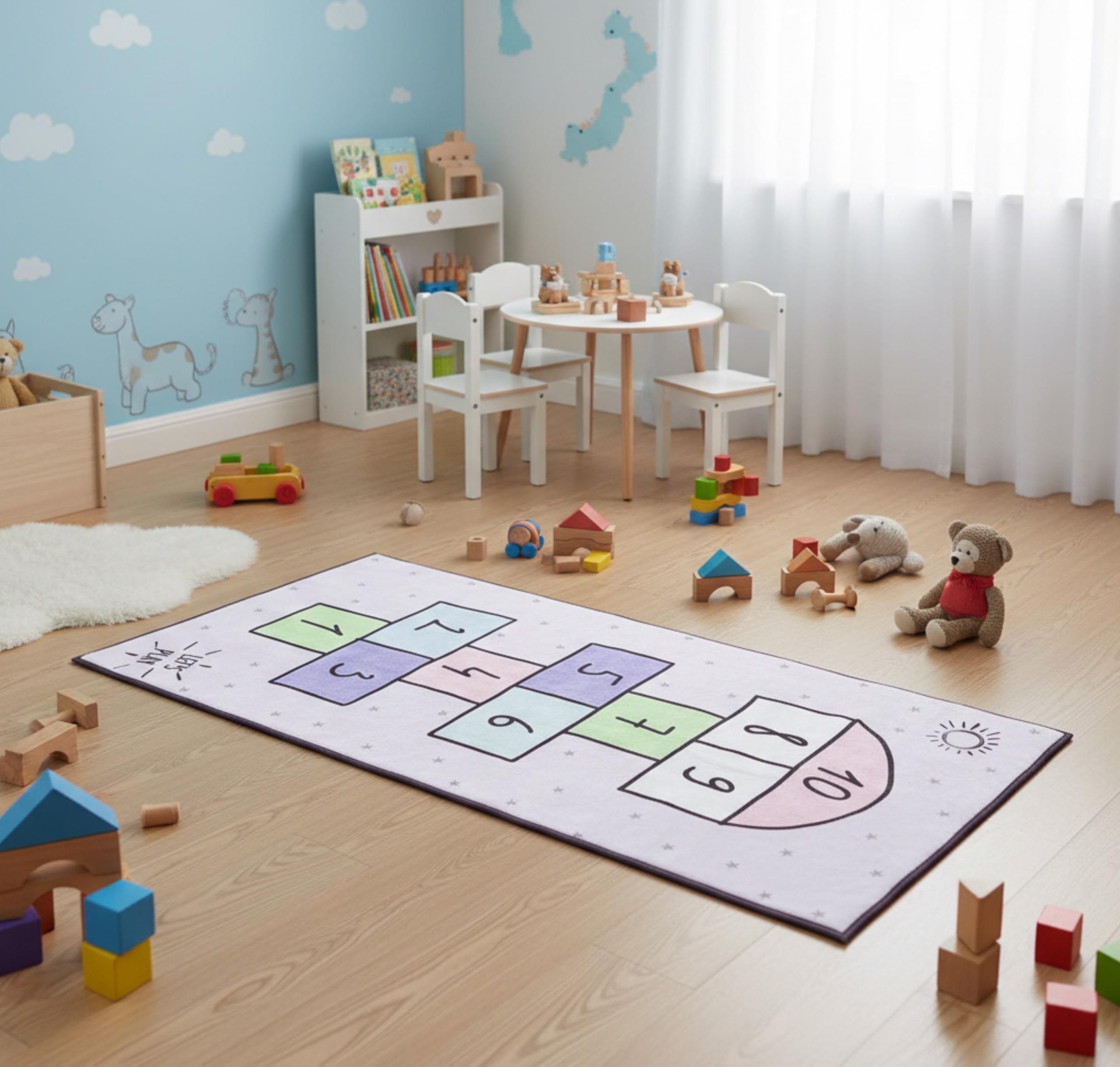 Alfombra infantil de rayuela de poliéster con base reforzada
