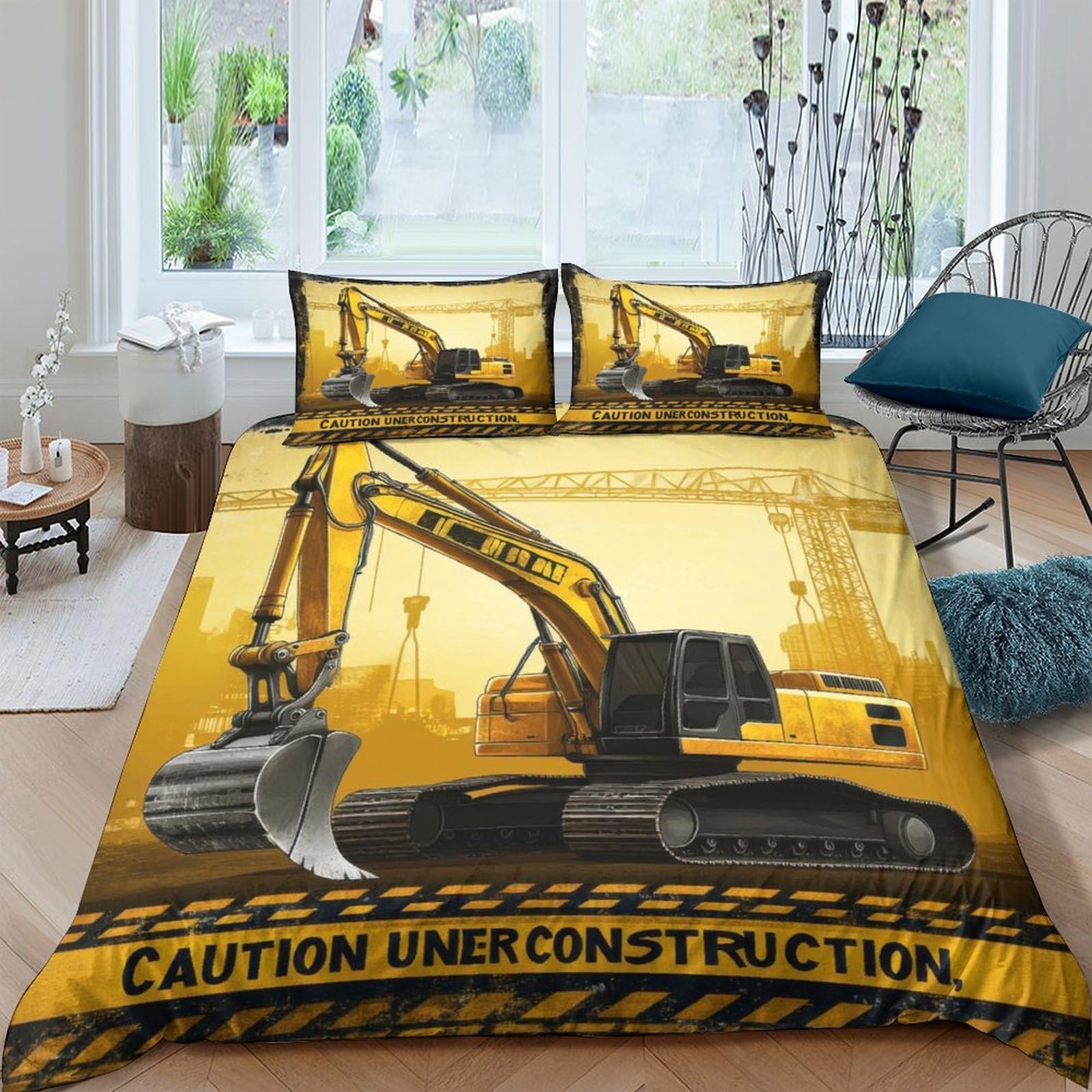 Ctjqhvkz Style-3 3D Printed Construction Excavator Fitted Sheet Microfiber Soft Yellow Under Construction Bed Cover For Bedroom Dorm Decor Single（135X200cm）