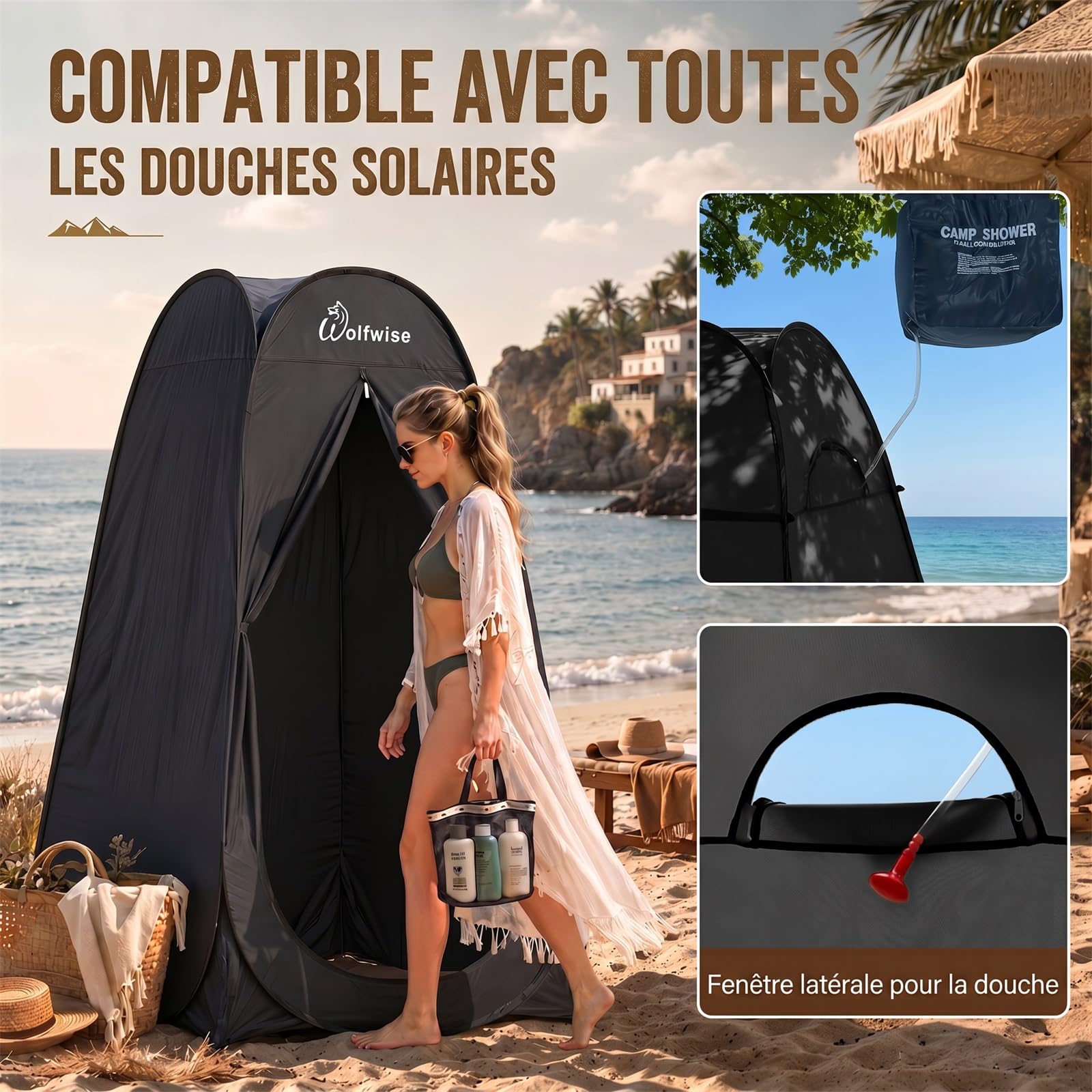 WolfWise Tente de Douche Pop Up Toilette Cabinet de Changement Camping Abri de Plein Air Vestiaire Extérieure Intérieure Portable, Largeur 40" (101 cm), Hauteur 75" (190 cm), Noir