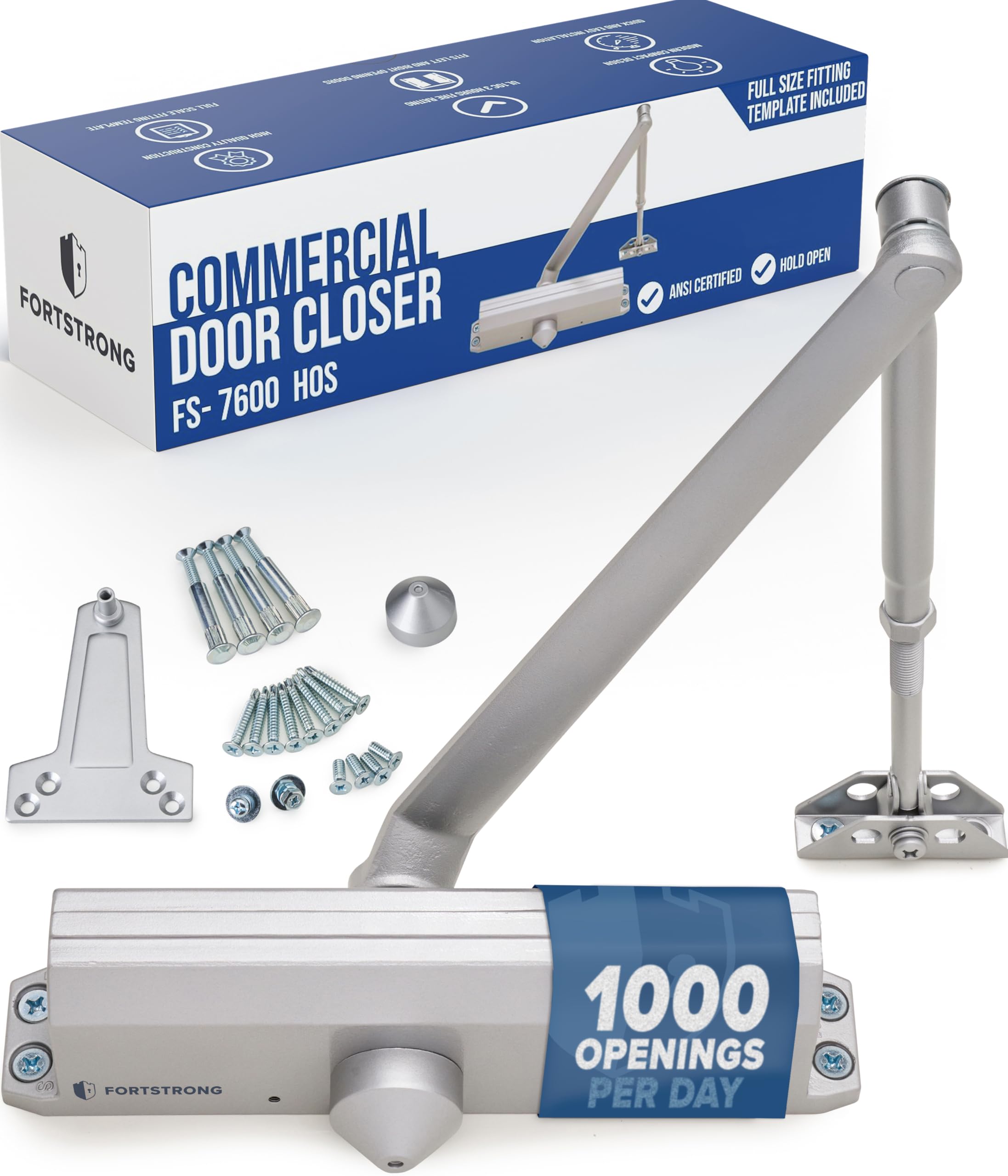 Commercial Door Closer FS-7600 HOS– Adjustable Grade 1 Commercial Standard Automatic Door with Hold-Open Mechanism – ADA Compliant –Silver Finish – Medium Traffic Areas –Fitting Instructions UL Listed — image 1