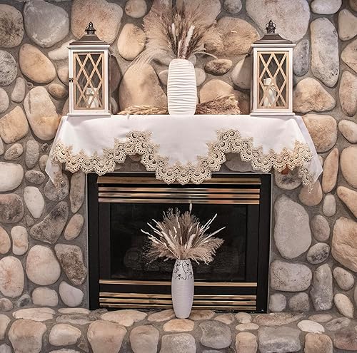 Bufanda europea dorada y beige con encaje de pavo real sobre marfil Jacquard chimenea mantel (19Wx90L)