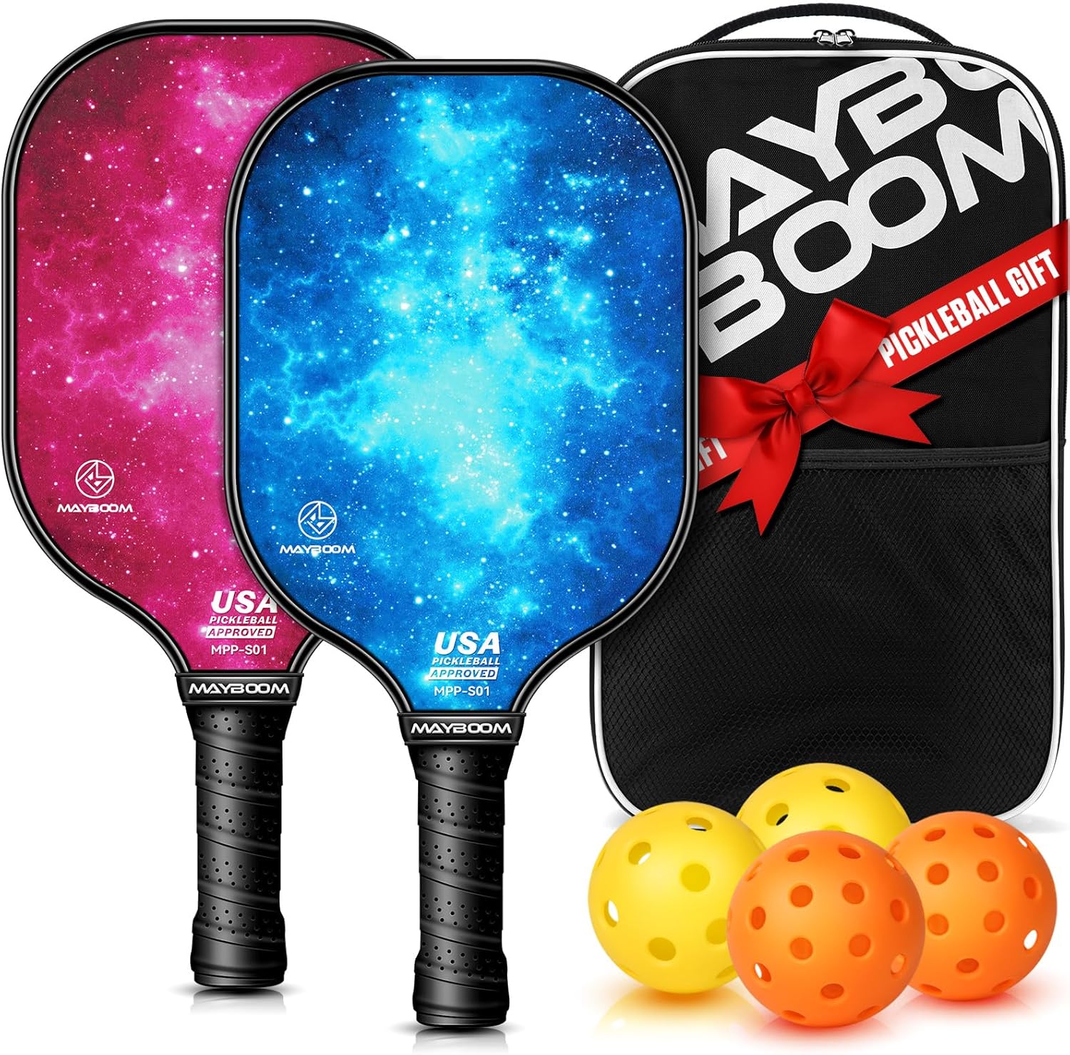 Mayboom Pickleball Paddles Set of 2 or 4, USAPA Approved Pickleball Set with 4 Pickleball Balls and Pickleball Bag, Fiberglass Pickle Ball Rackets 2 Pack for Beginner