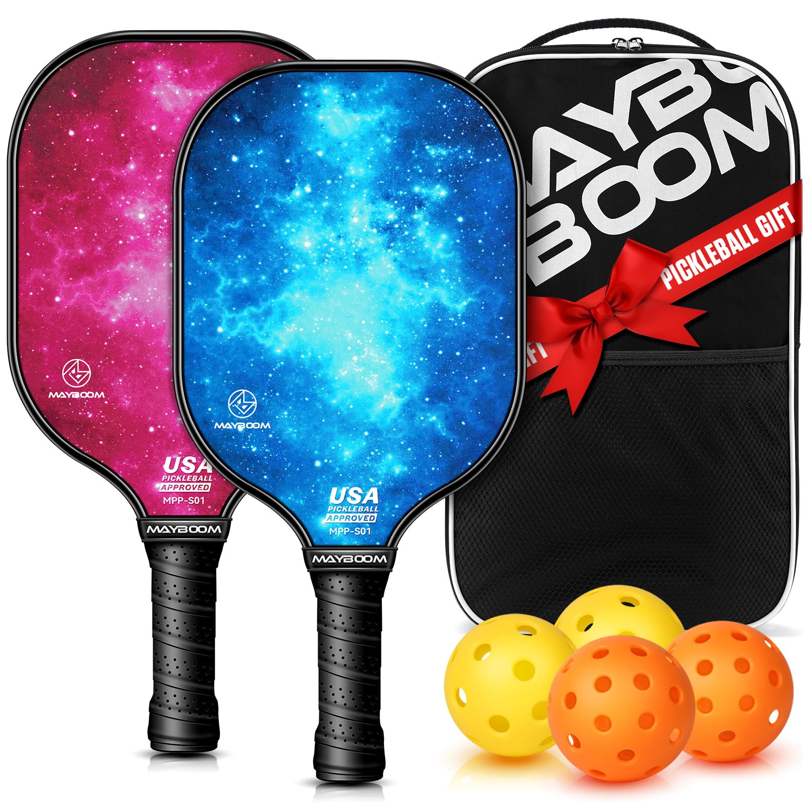 Pickleball Paddles Set of 2 or 4, USAPA Approved Pickleball Set with 4 Pickleball Balls and Pickleball Bag, Fiberglass Pickle Ball Rackets 2 Pack for Beginner