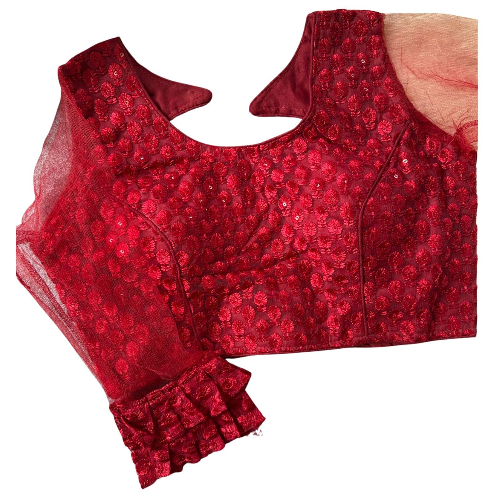 Women's Soft Pure Nylon Readymade Blouse with Chiffli Embroidery Thread & Sequence Work, Designer Net Sleeves, Back Open Pattern, Free Size 34 to 40 Inch, Saree Blouse-image-41