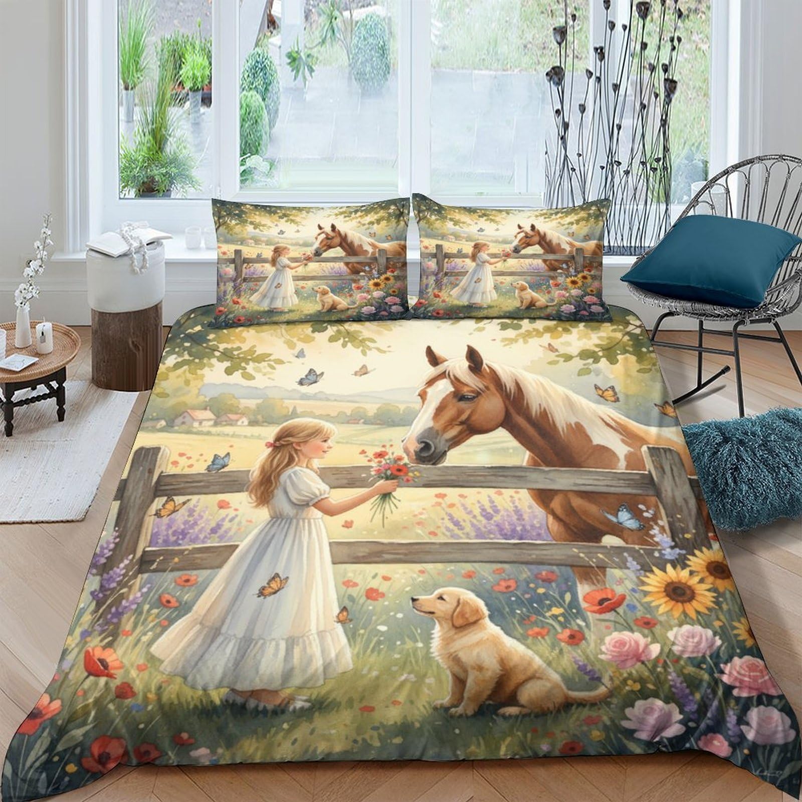 Ctjqhvkz Girls Style-5 3D Printed Pastoral Dog Fitted Sheet Microfiber Soft Farm Horse Bed Cover For Bedroom Guest Room Decor Single（135X200cm）